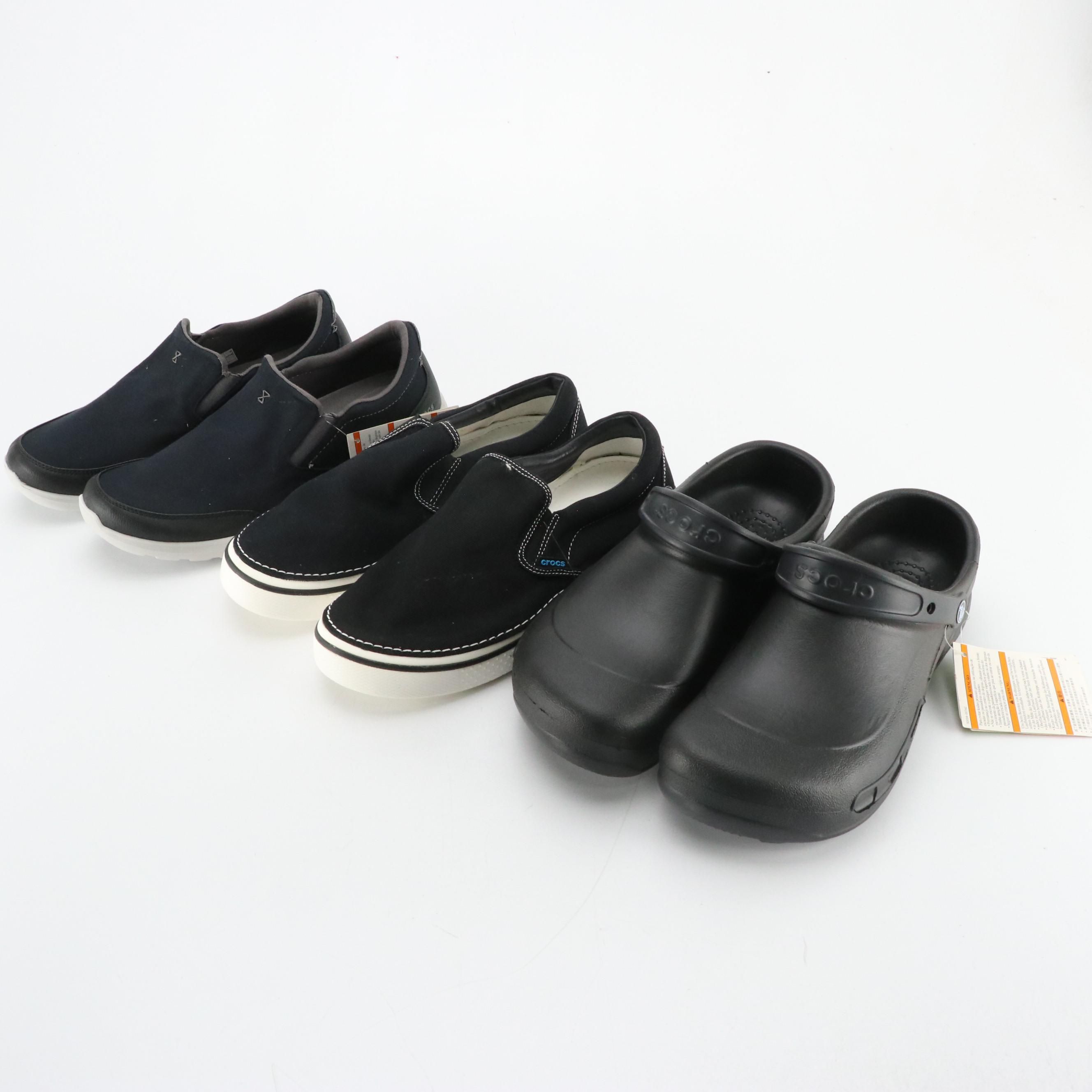 Men's Crocs Black Rubber "Specialist" Shoes, Canvas "Kinsale" & "Hover" Slip Ons