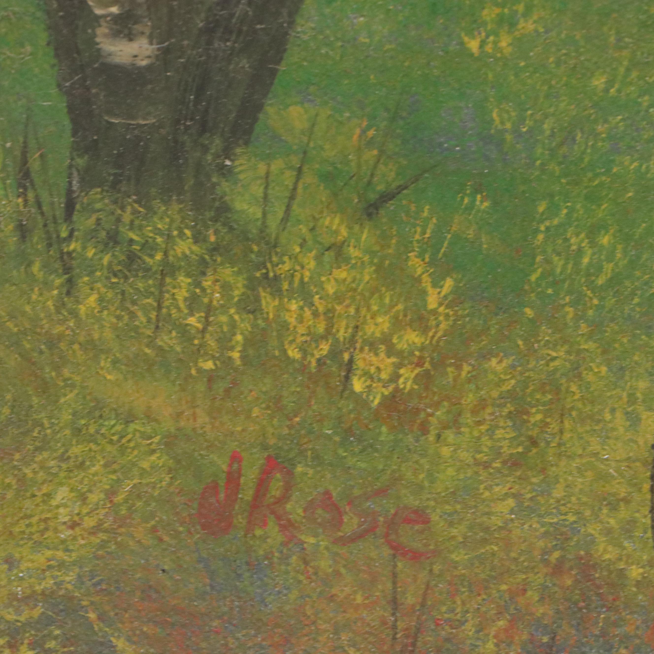 J. Rose Folk Art Painting with Barn and Waterfall, 20th Century