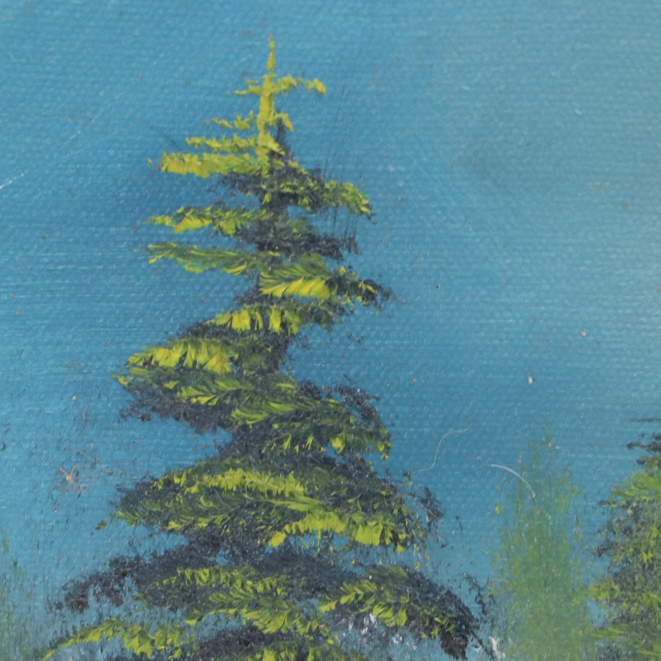 J. Rose Landscape Oil Painting with Pine Trees, 20th Century