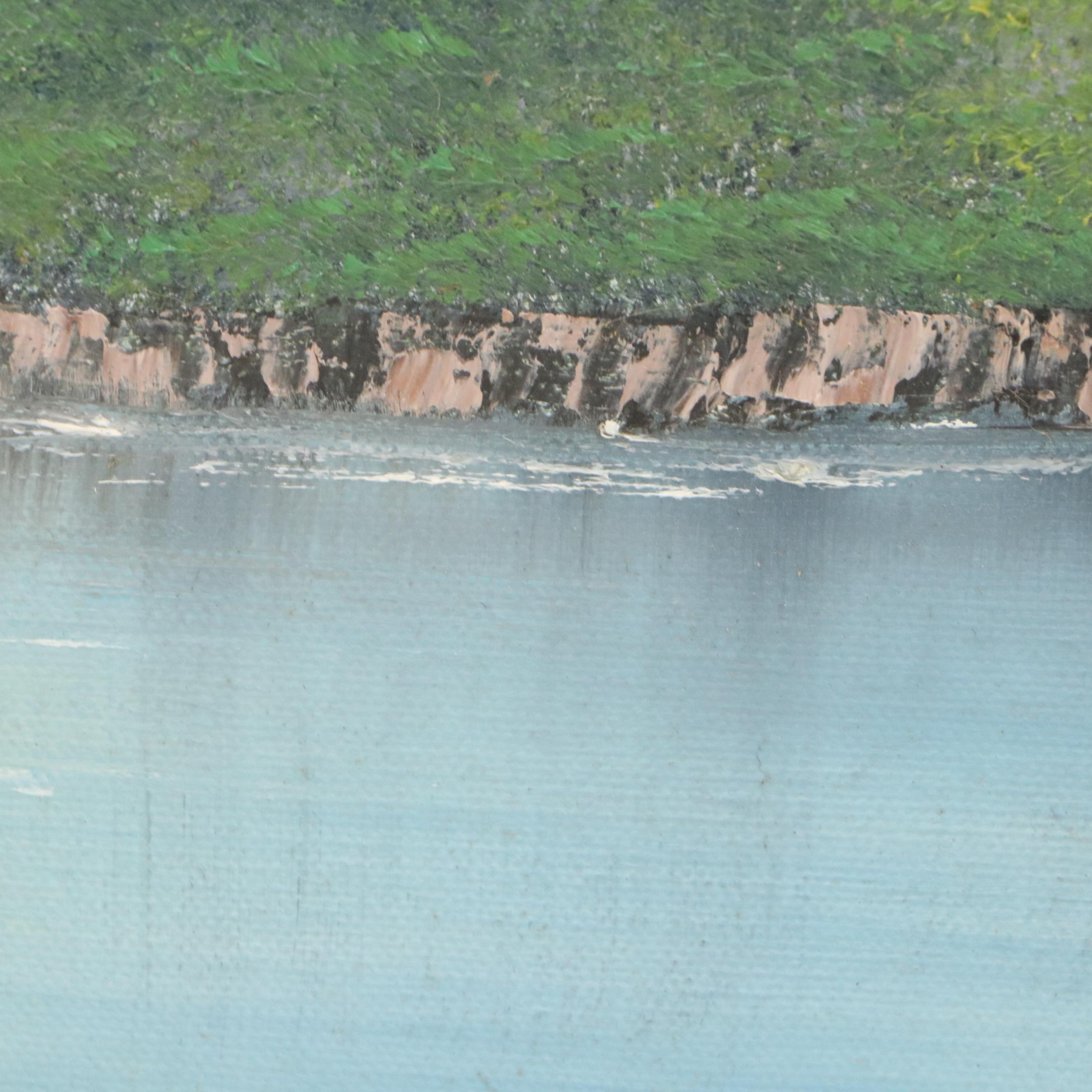 J. Rose Landscape Oil Painting with Pine Trees, 20th Century