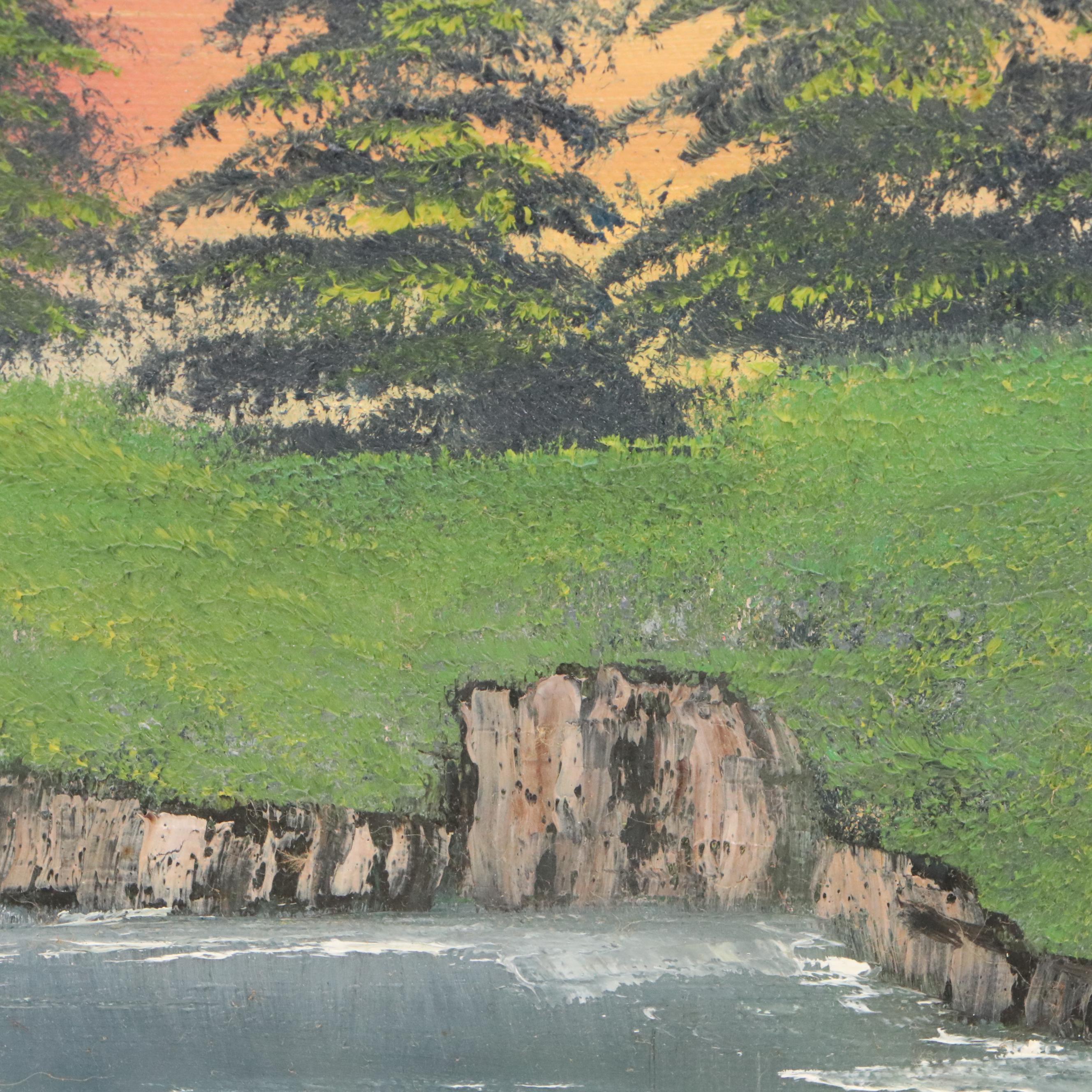 J. Rose Landscape Oil Painting with Pine Trees, 20th Century