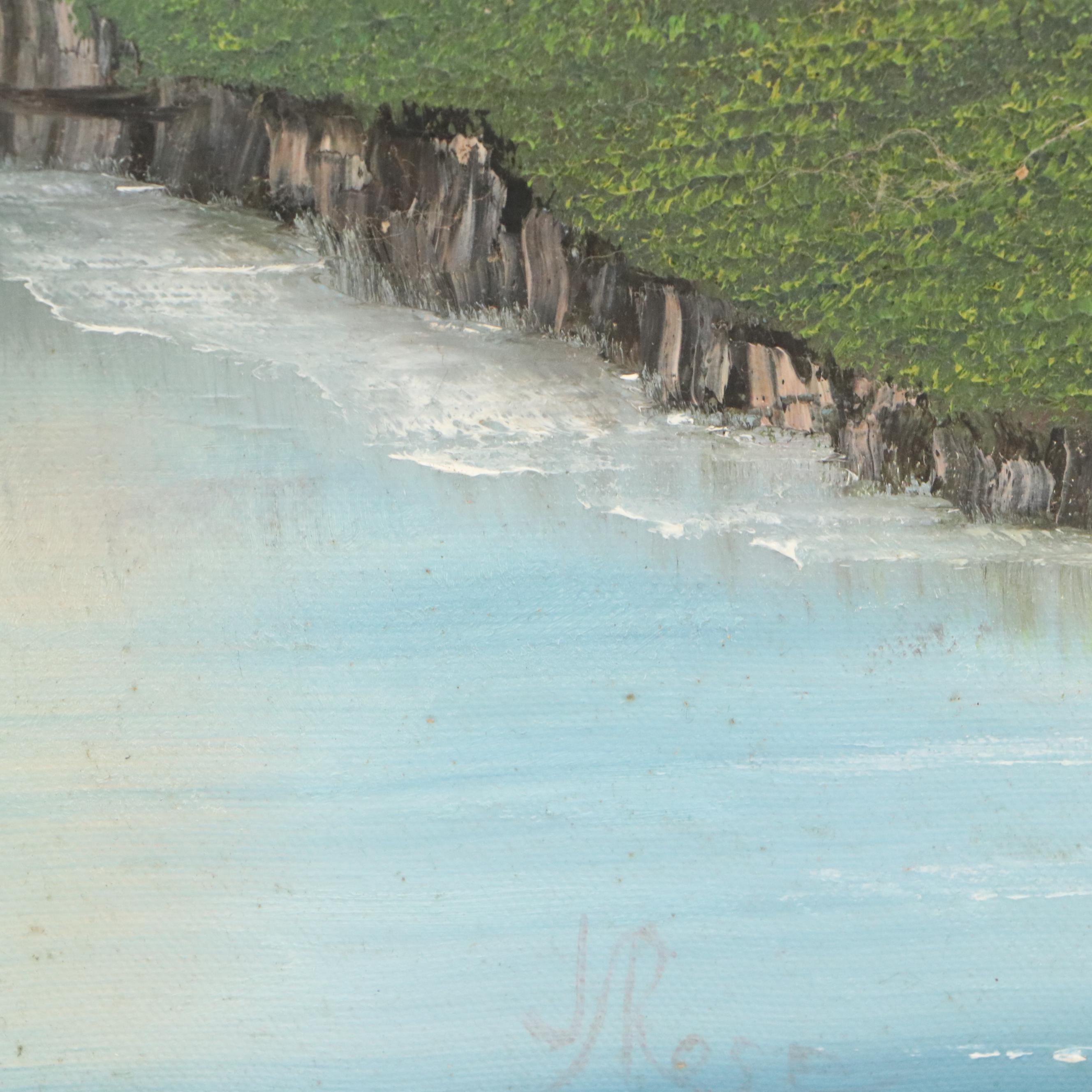 J. Rose Landscape Oil Painting with Pine Trees, 20th Century