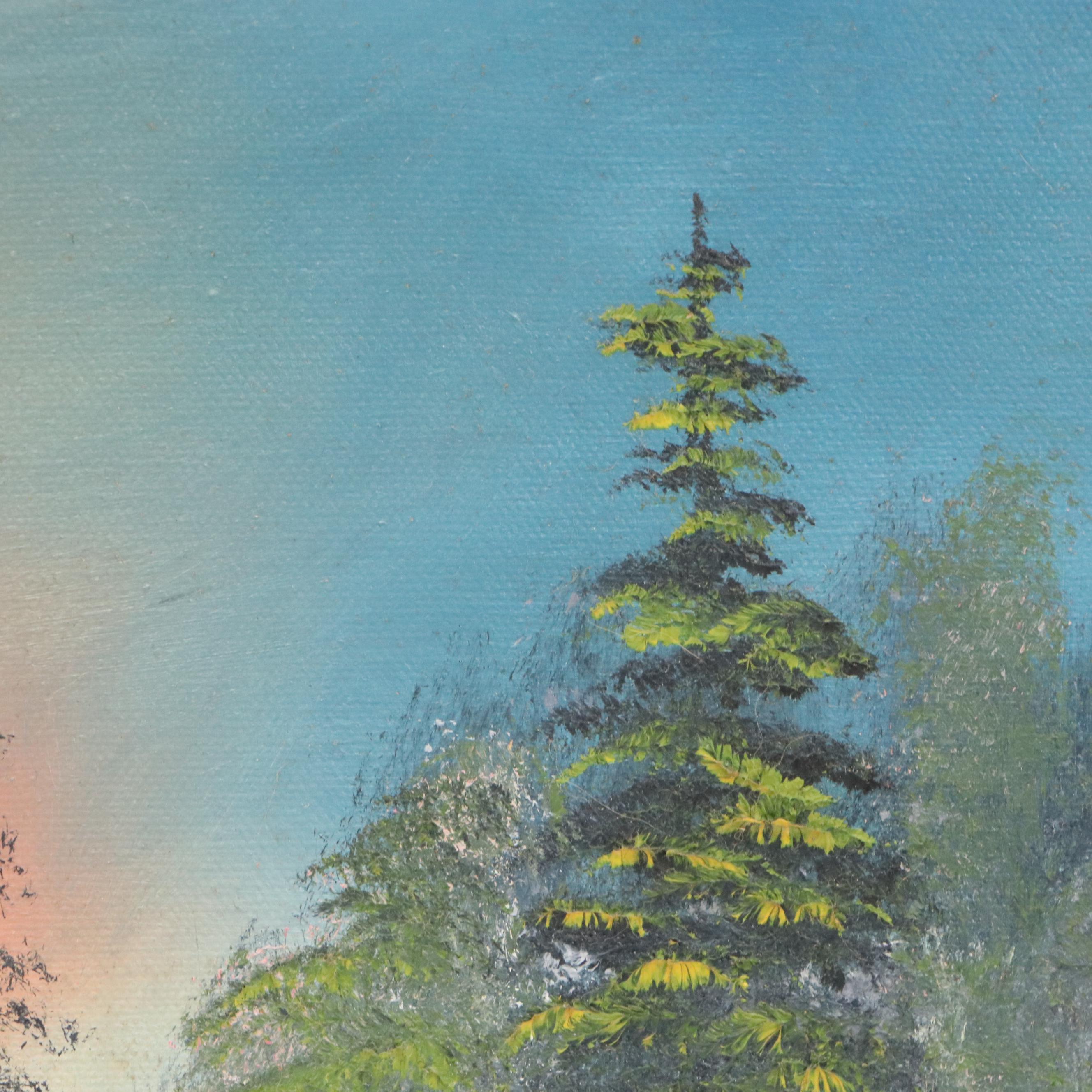 J. Rose Landscape Oil Painting with Pine Trees, 20th Century