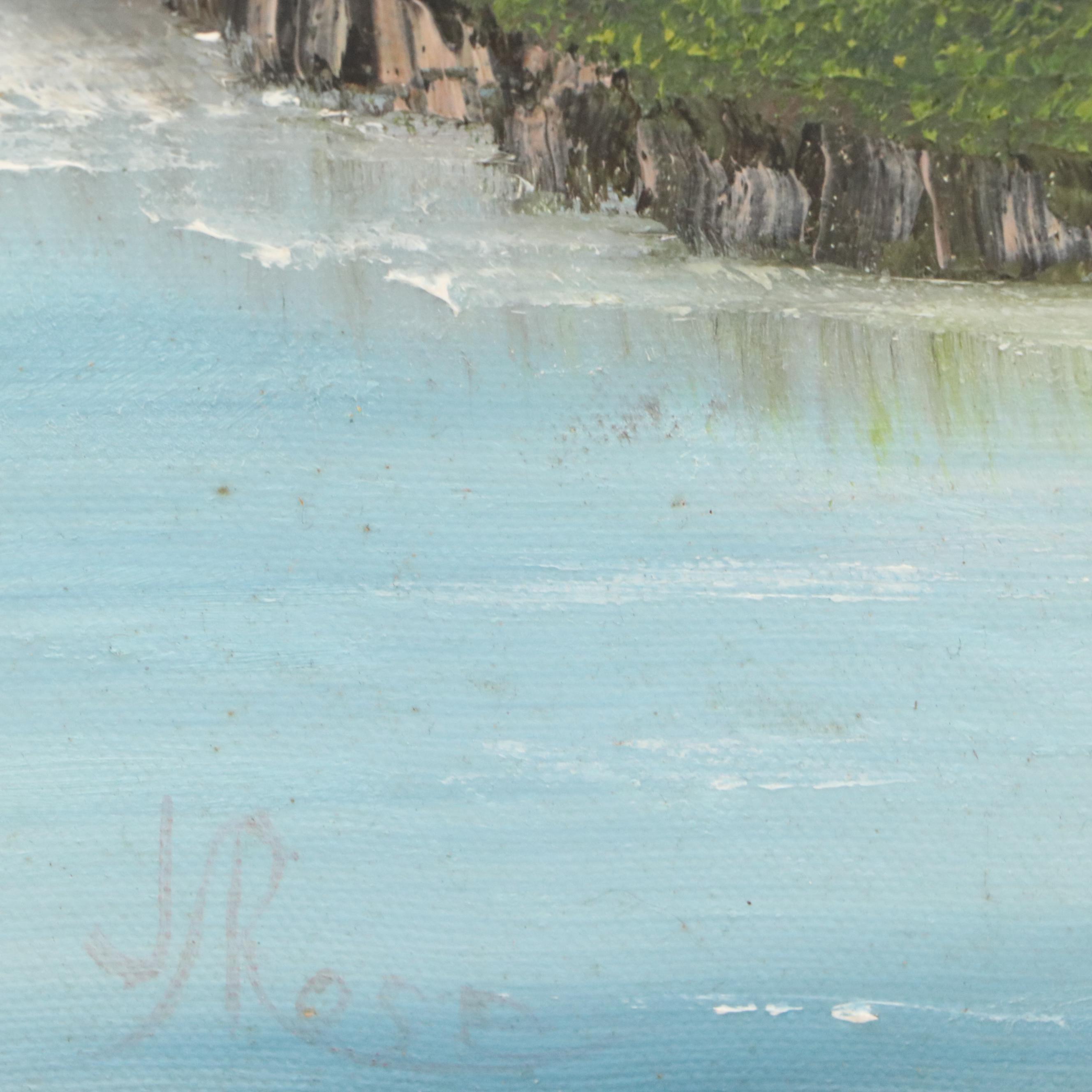 J. Rose Landscape Oil Painting with Pine Trees, 20th Century