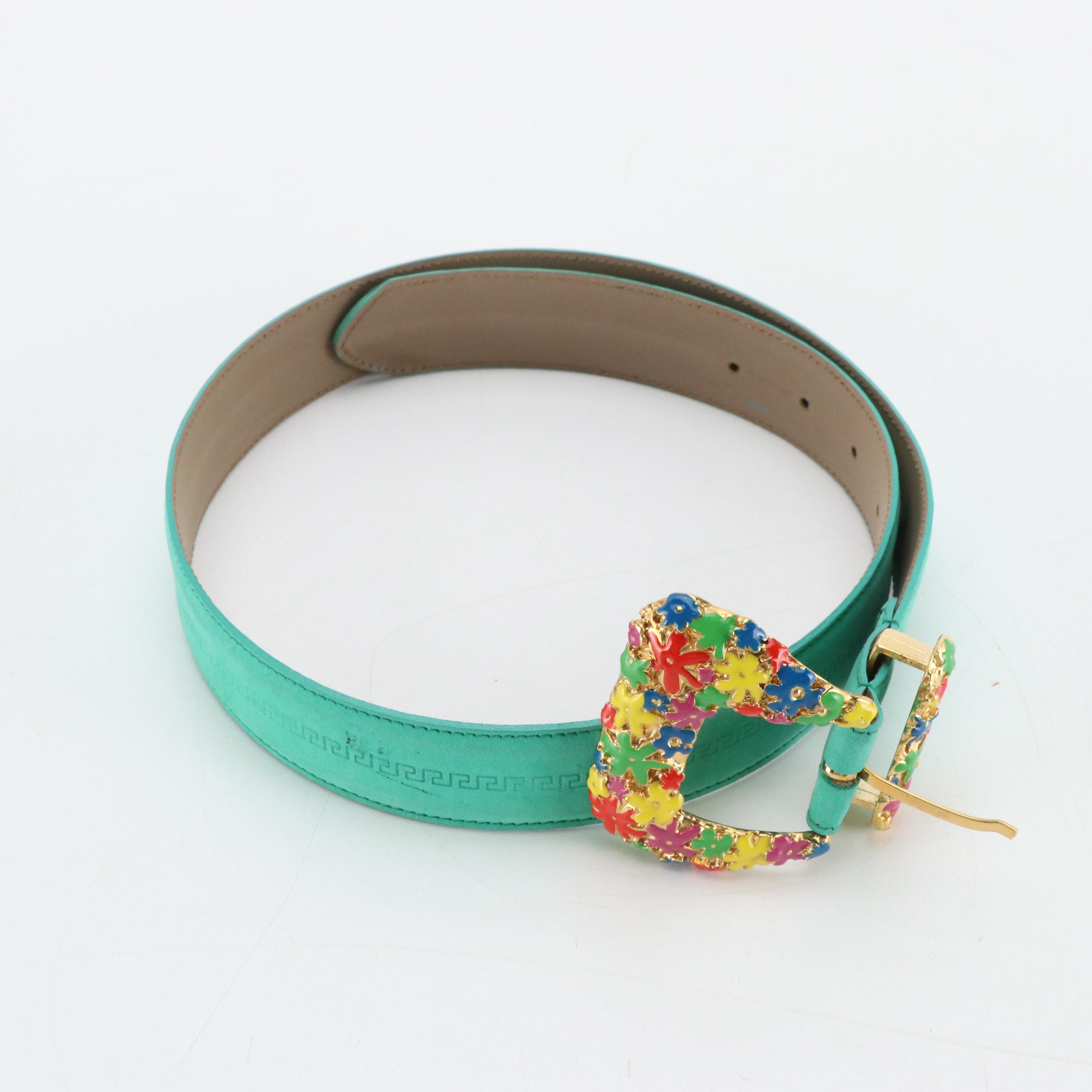 Versace Classic V2 Suede Belt with Floral Encrusted Buckle