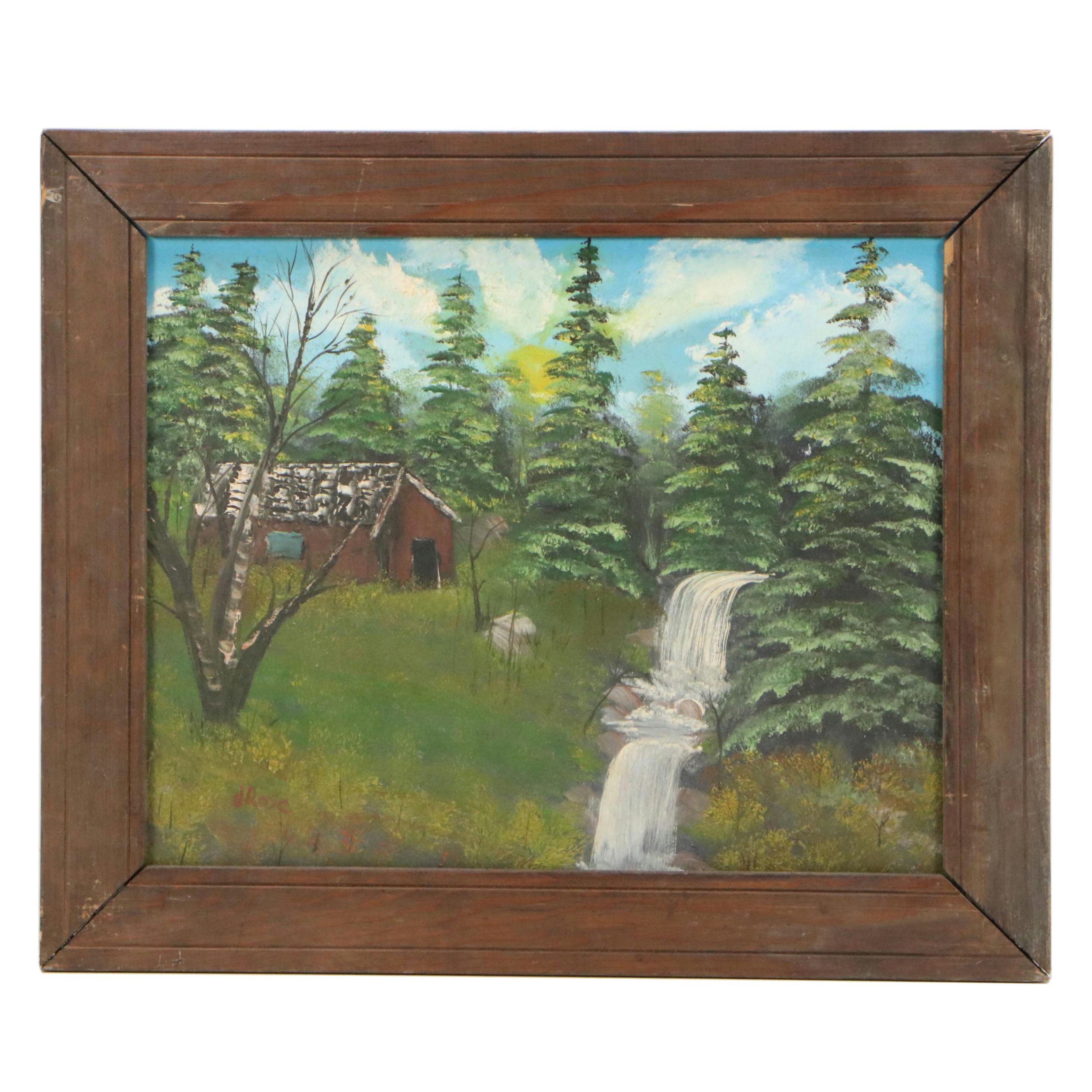 J. Rose Folk Art Painting with Barn and Waterfall, 20th Century