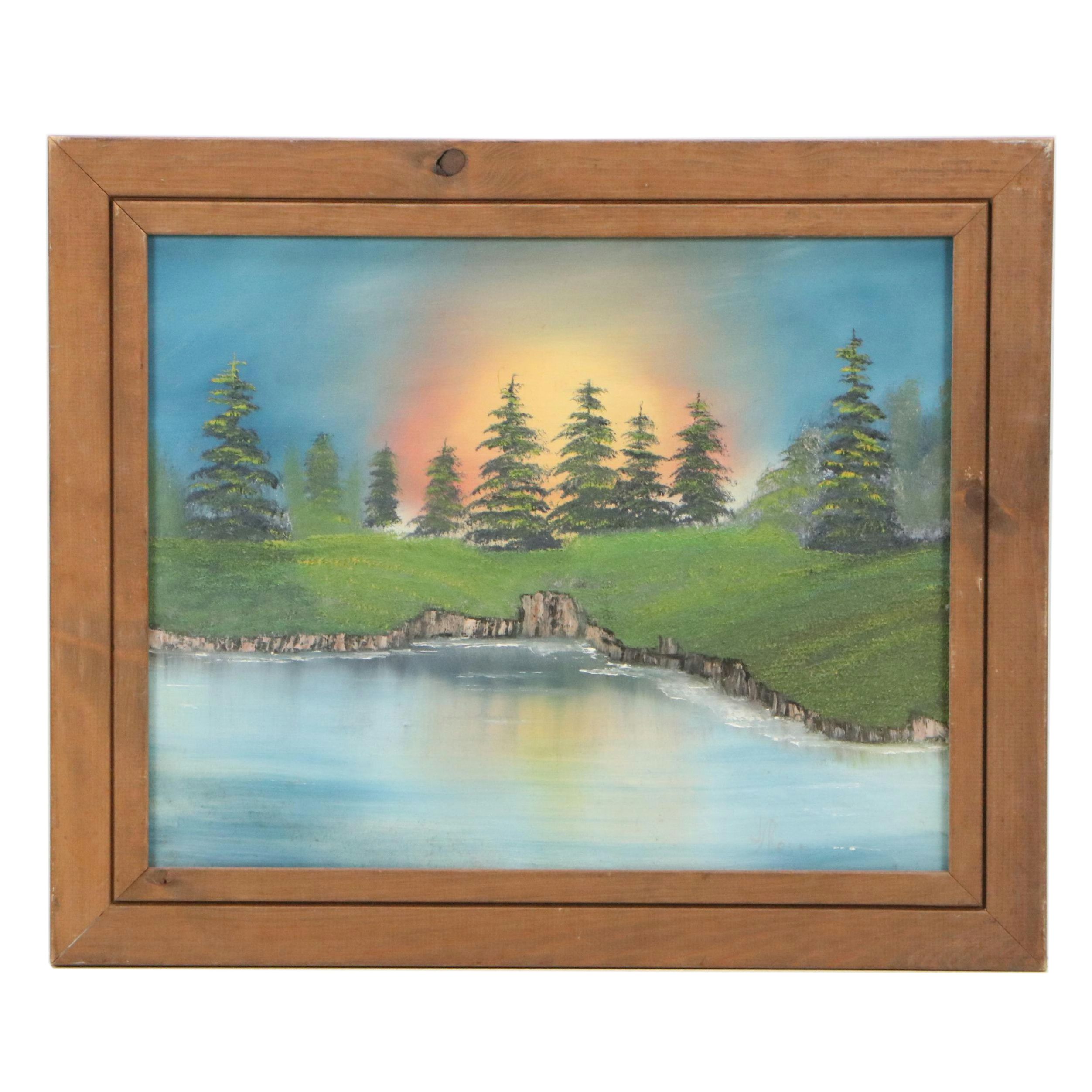 J. Rose Landscape Oil Painting with Pine Trees, 20th Century