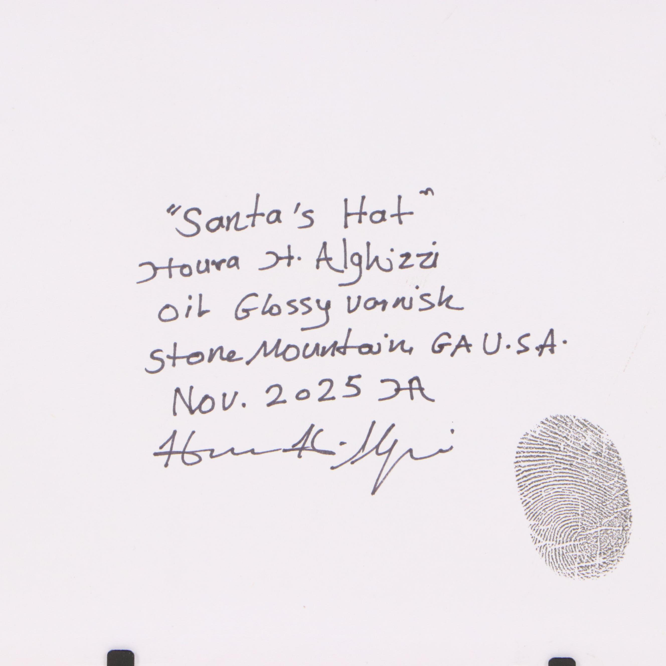 Houra Alghizzi Still Life Oil Painting "Santa's Hat," 2025