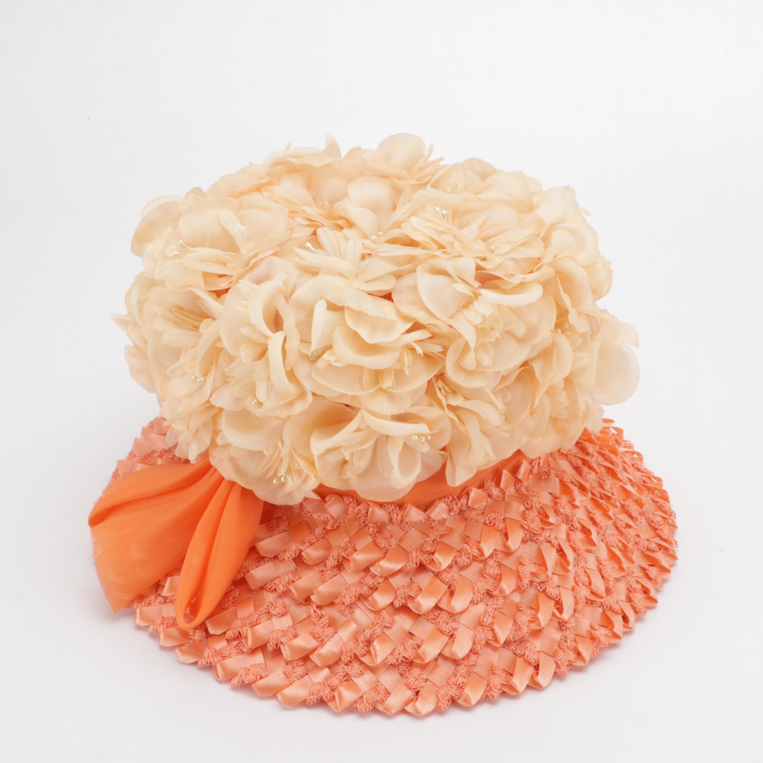 Vintage Coral and Peach Floral Hats with Shillito's Hat Box