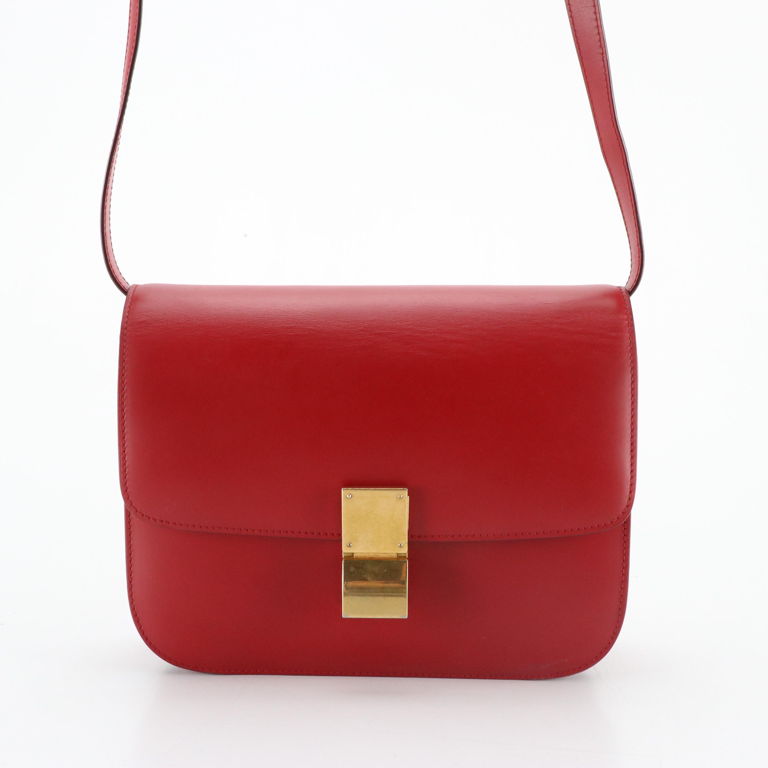 Céline Red Calfskin Leather Classic Flap Shoulder Bag