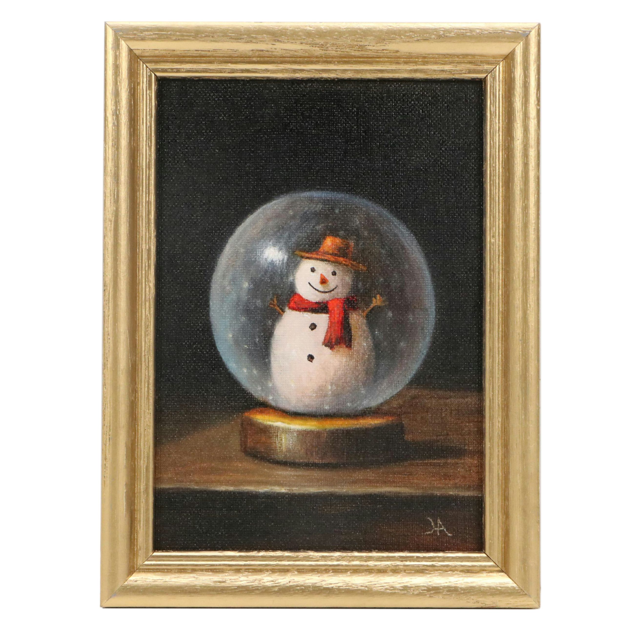 Houra Alghizzi Still Life Oil Painting "Snowman Globe," 2025
