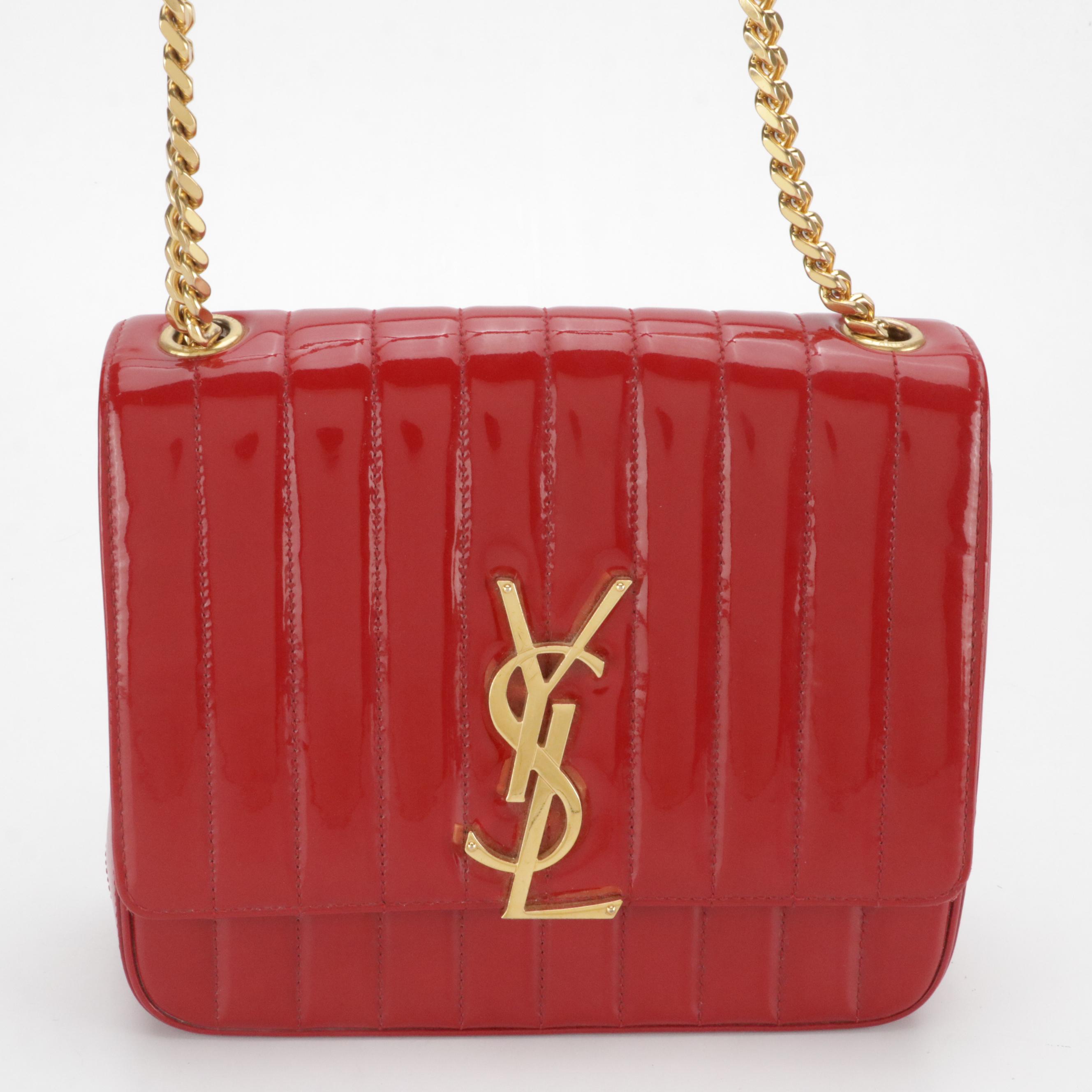 Saint Laurent Large Vicky Crossbody Bag in Red Vertical Quilted Patent Leather