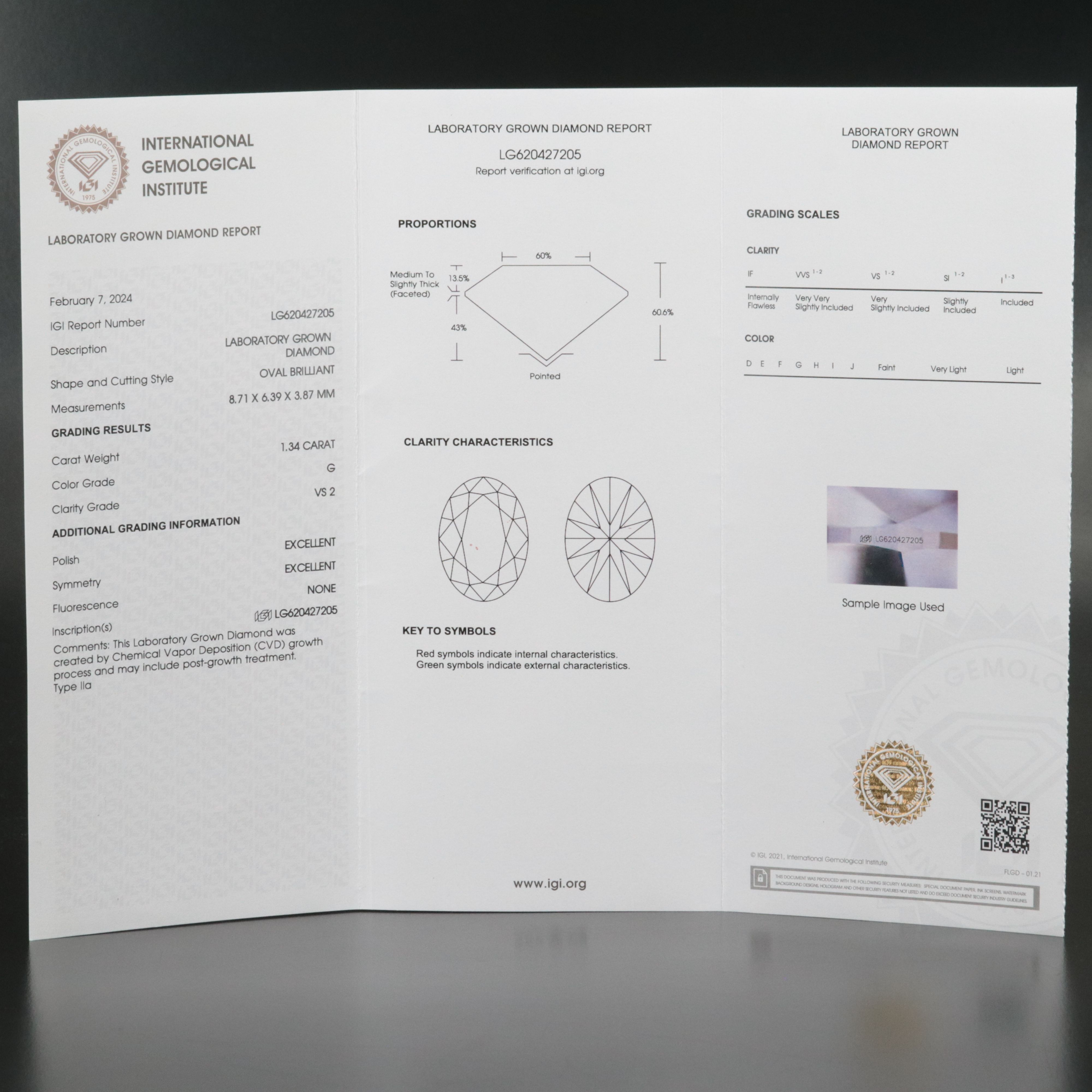 Loose 1.34 CT Lab Grown Diamond with IGI Report