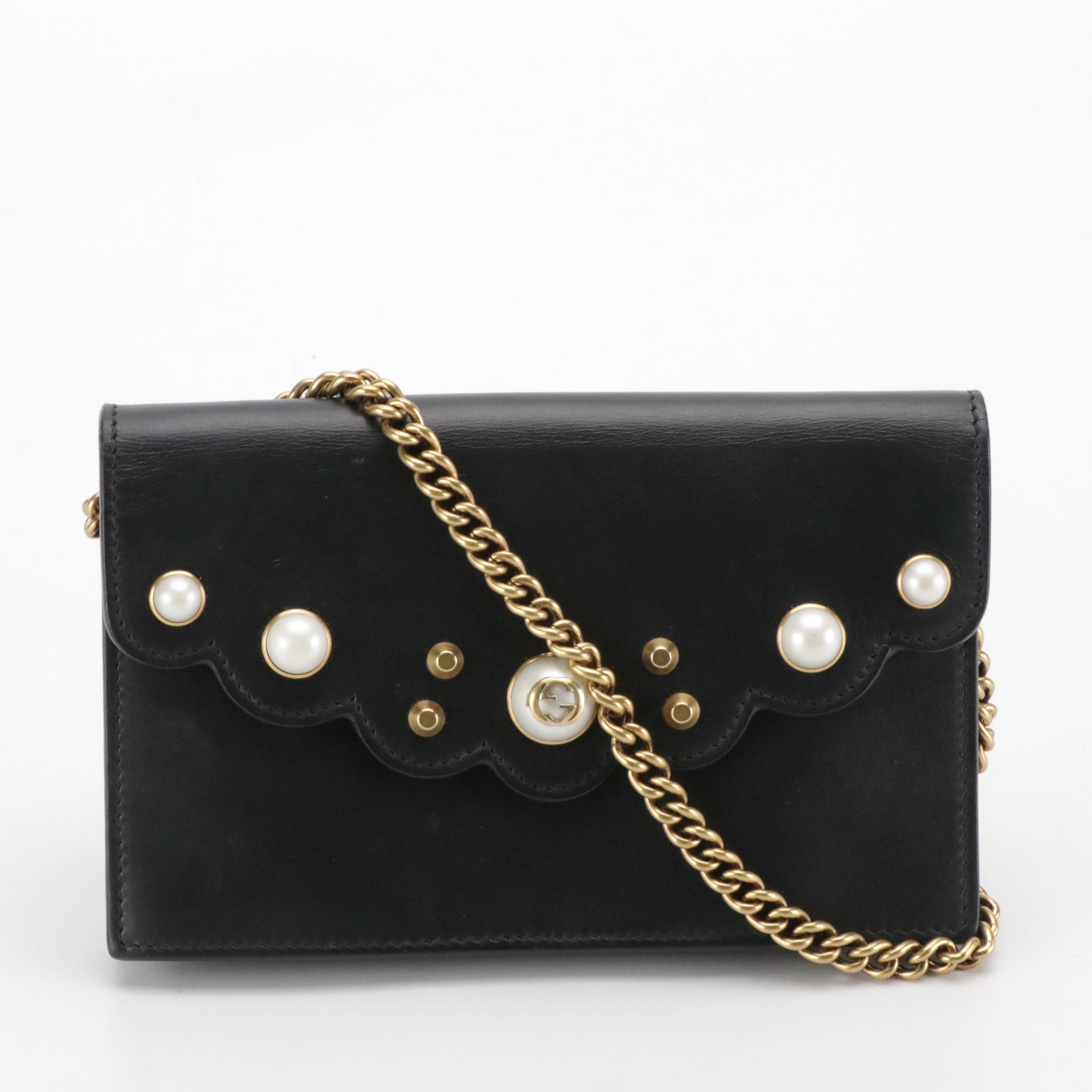 Gucci Imitation Pearl Studded Chain Wallet in Calfskin Leather