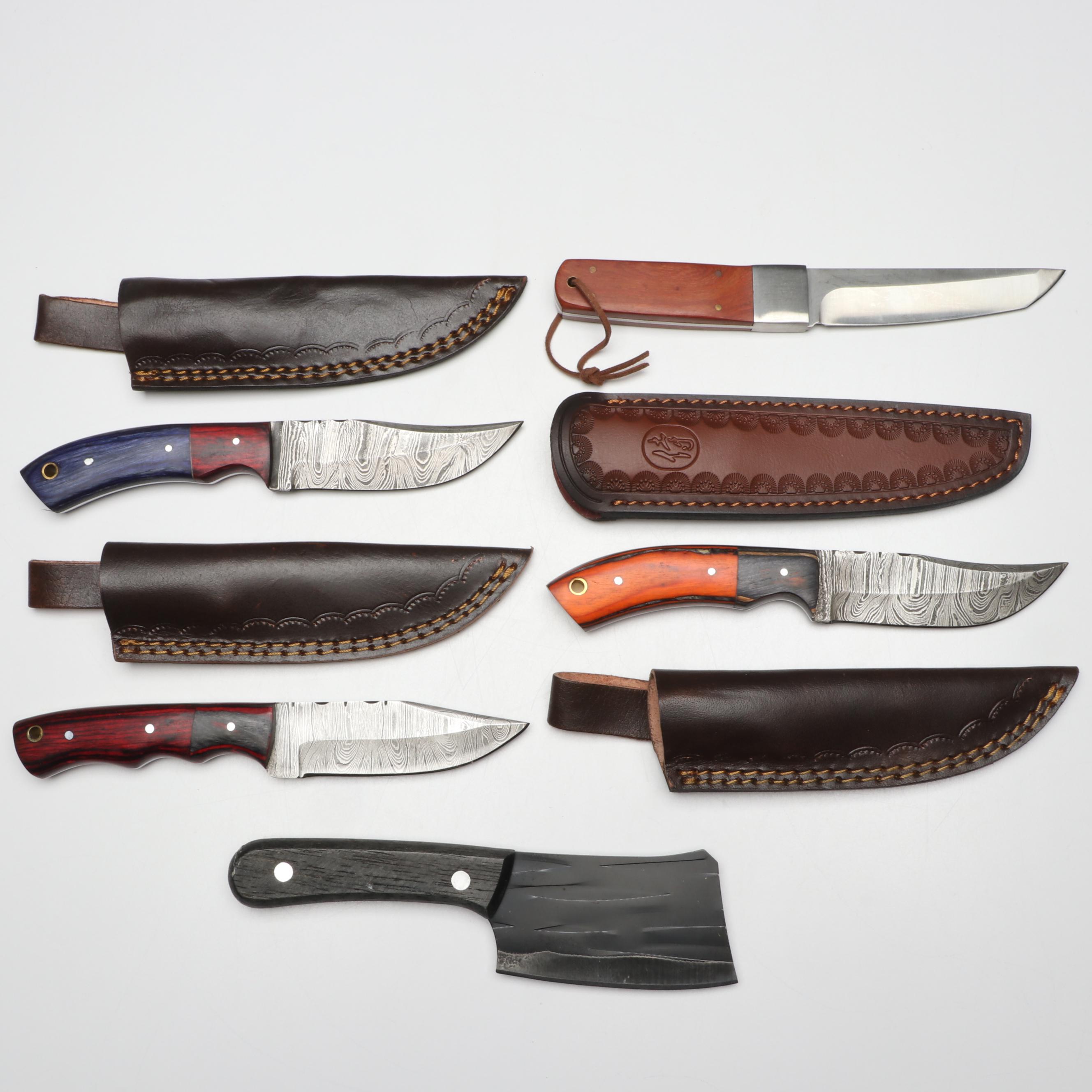 Damascus Steel and Wooden Handled Hunting Knives with Japanese Style Knives