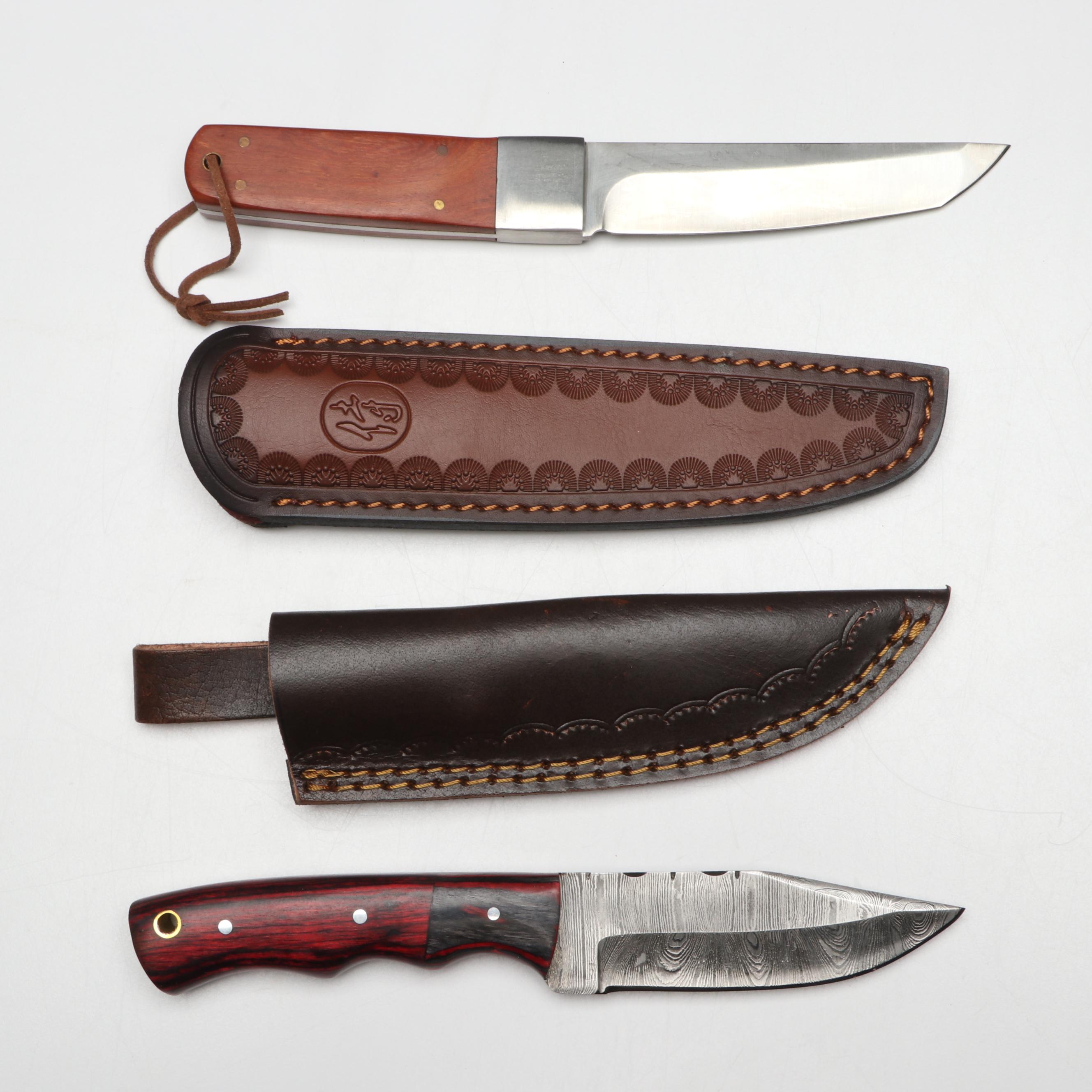 Damascus Steel and Wooden Handled Hunting Knives with Japanese Style Knives