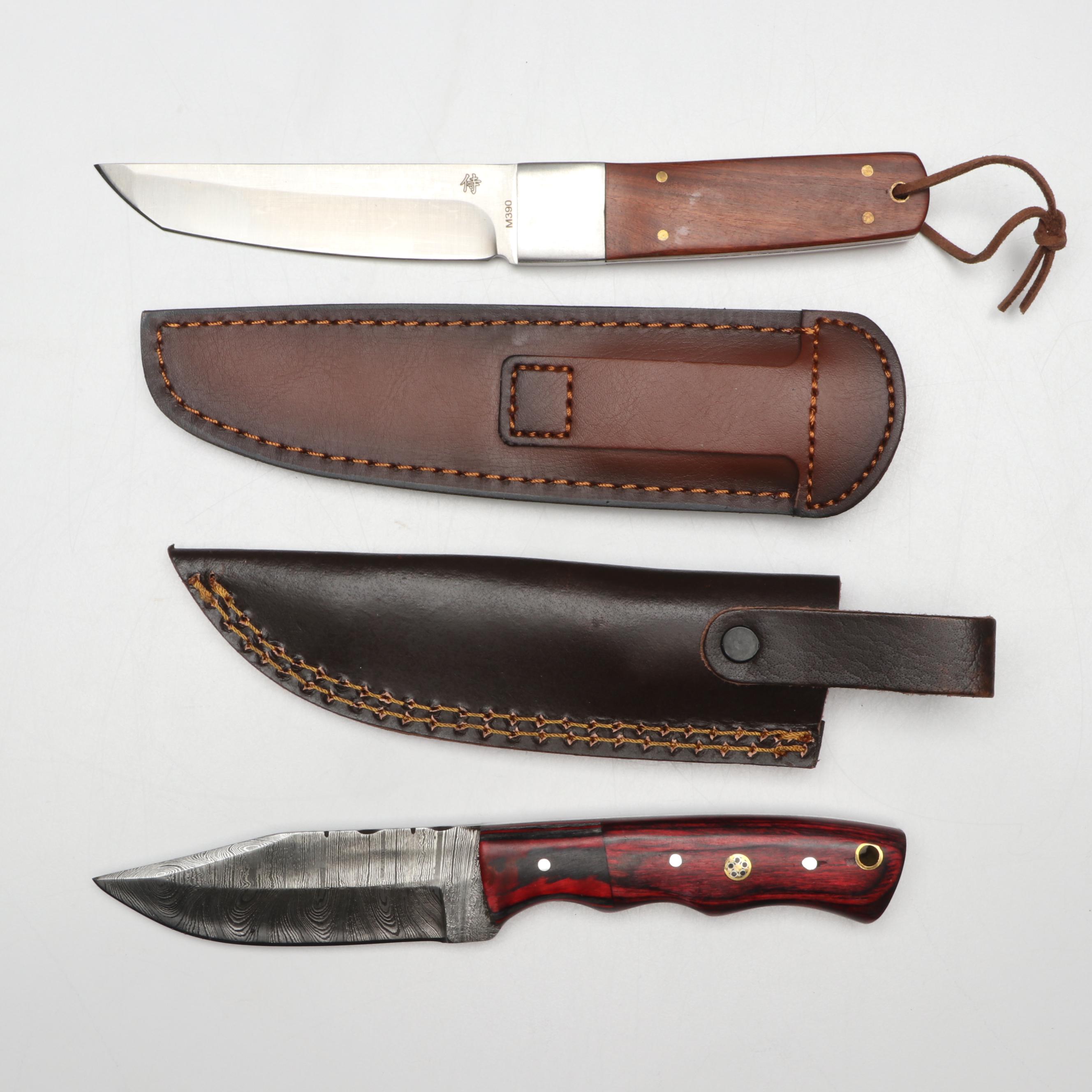 Damascus Steel and Wooden Handled Hunting Knives with Japanese Style Knives