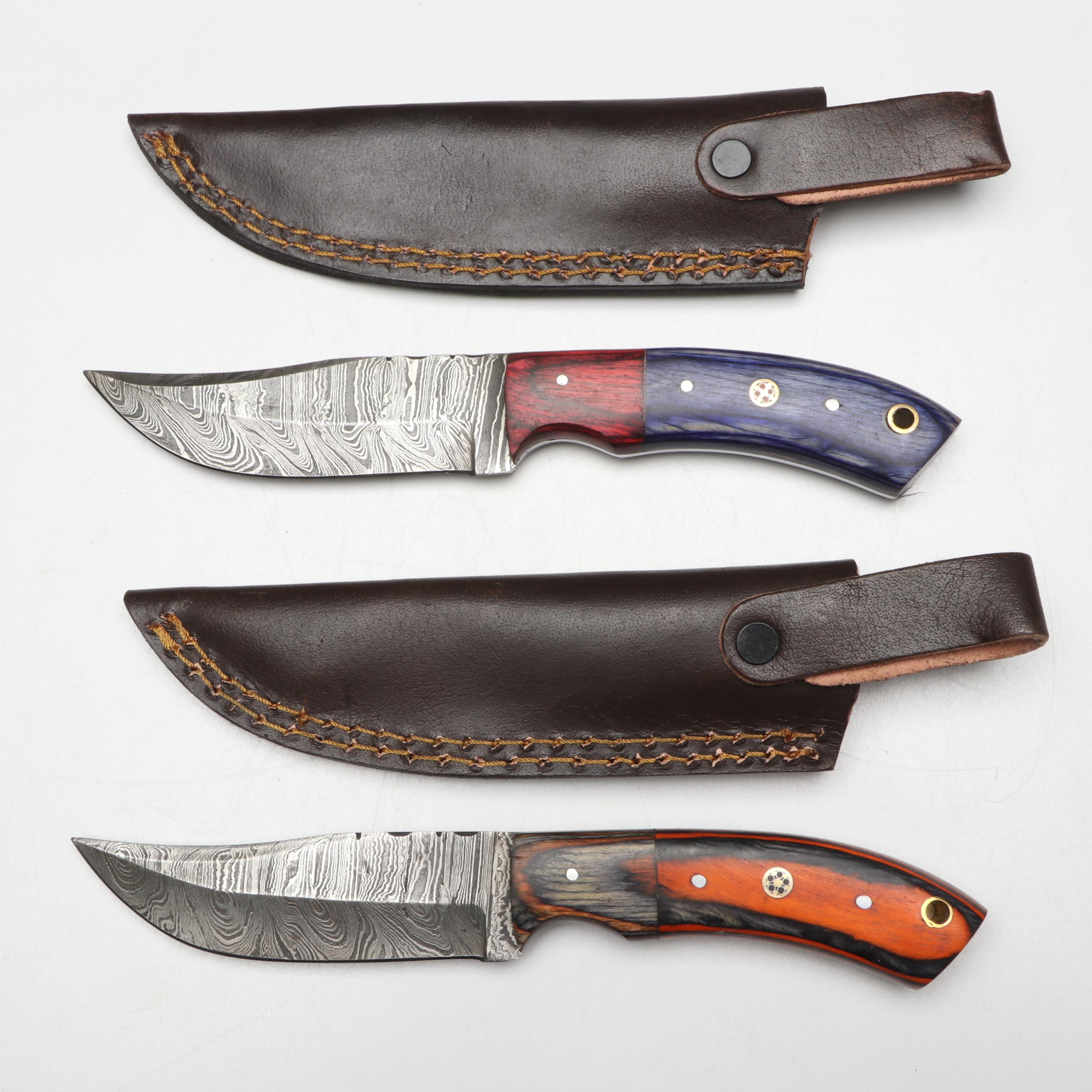 Damascus Steel and Wooden Handled Hunting Knives with Japanese Style Knives