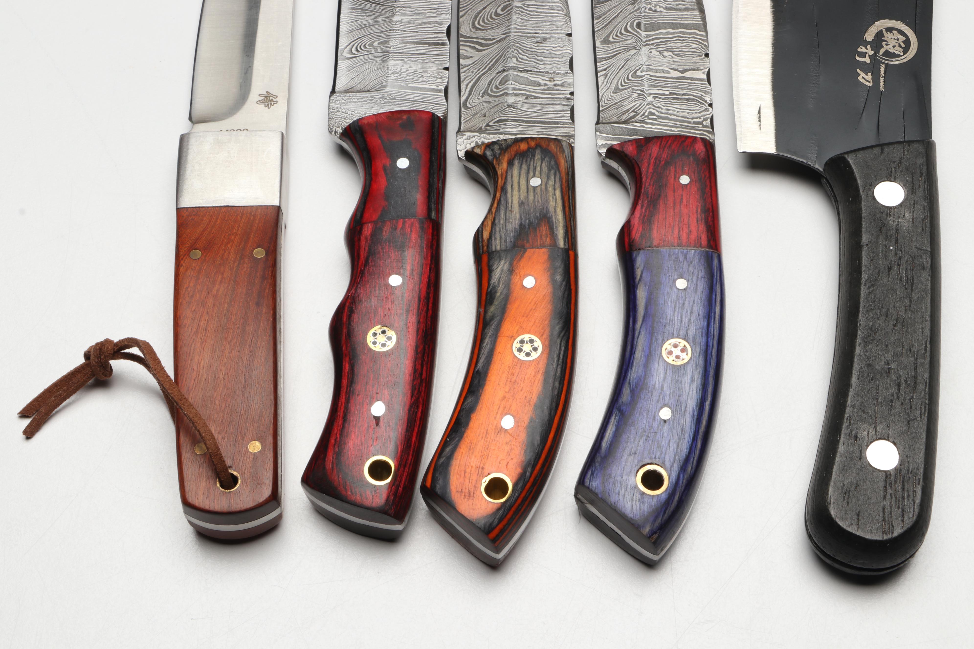 Damascus Steel and Wooden Handled Hunting Knives with Japanese Style Knives