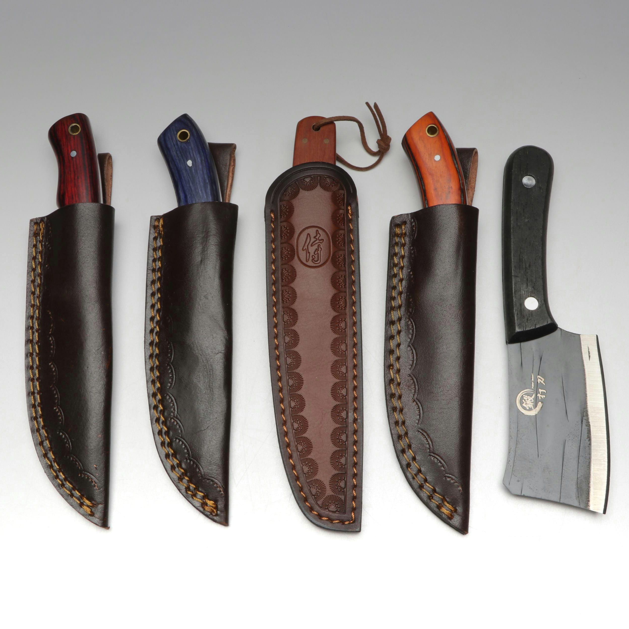 Damascus Steel and Wooden Handled Hunting Knives with Japanese Style Knives