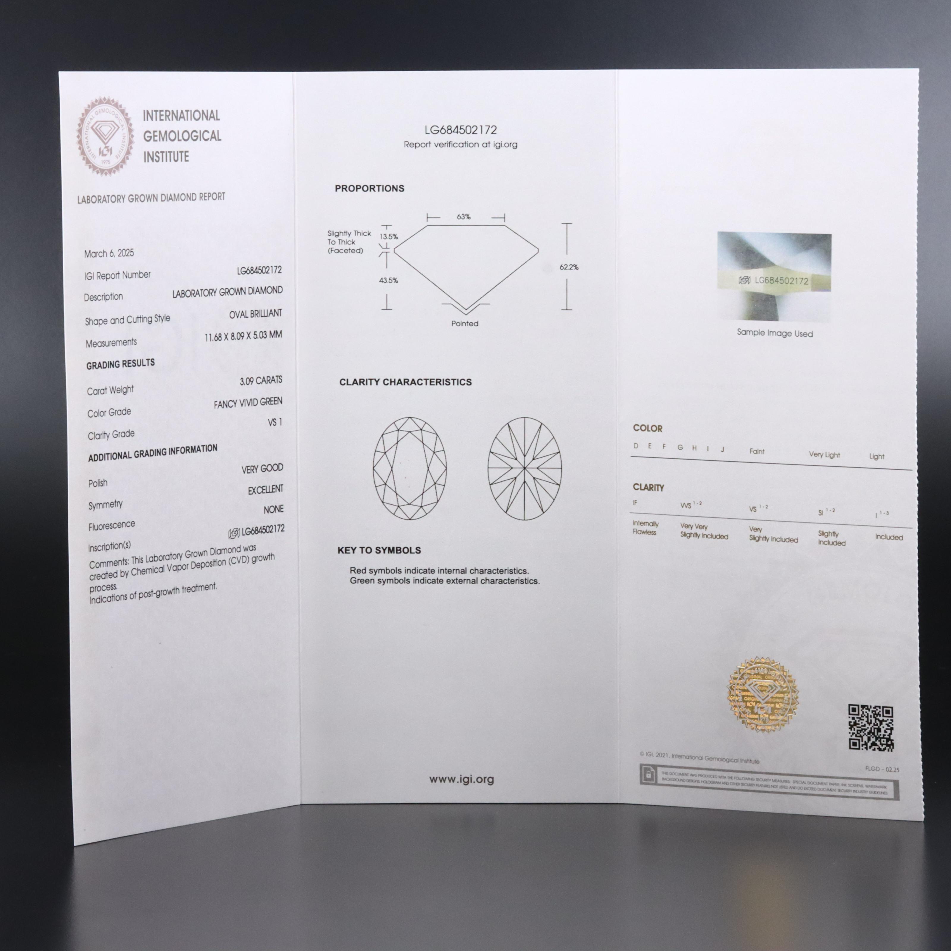 Loose 3.09 CT Lab Grown Fancy Green Diamond with IGI Report