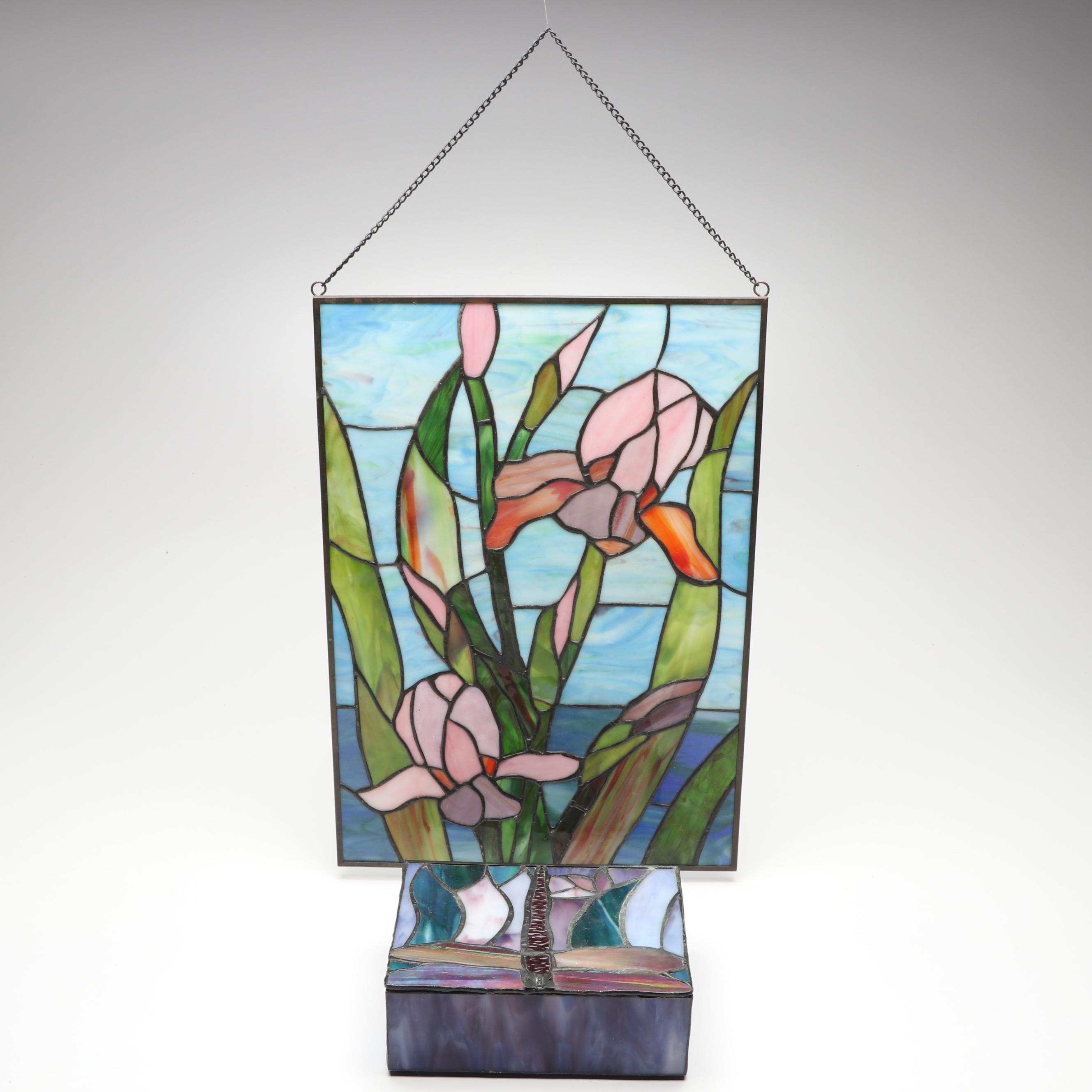 Handcrafted Iris Leaded Slag Glass Hanging Panel with Iridescent Dragonfly Box