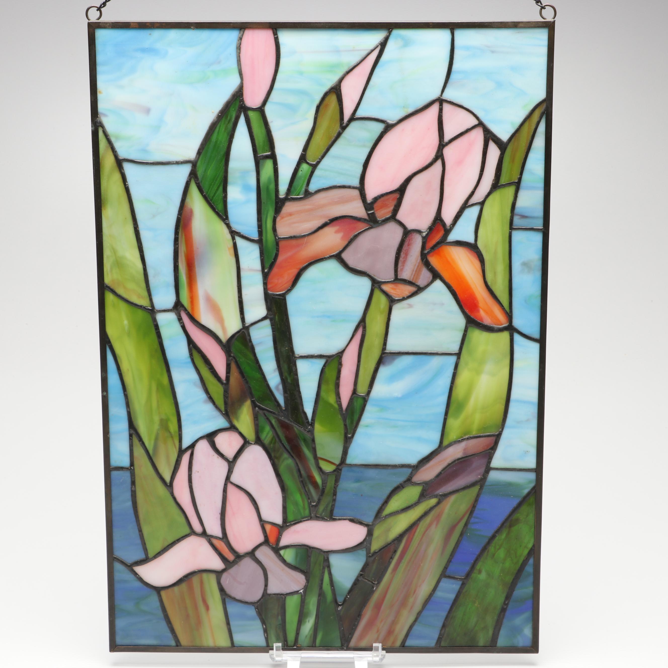 Handcrafted Iris Leaded Slag Glass Hanging Panel with Iridescent Dragonfly Box