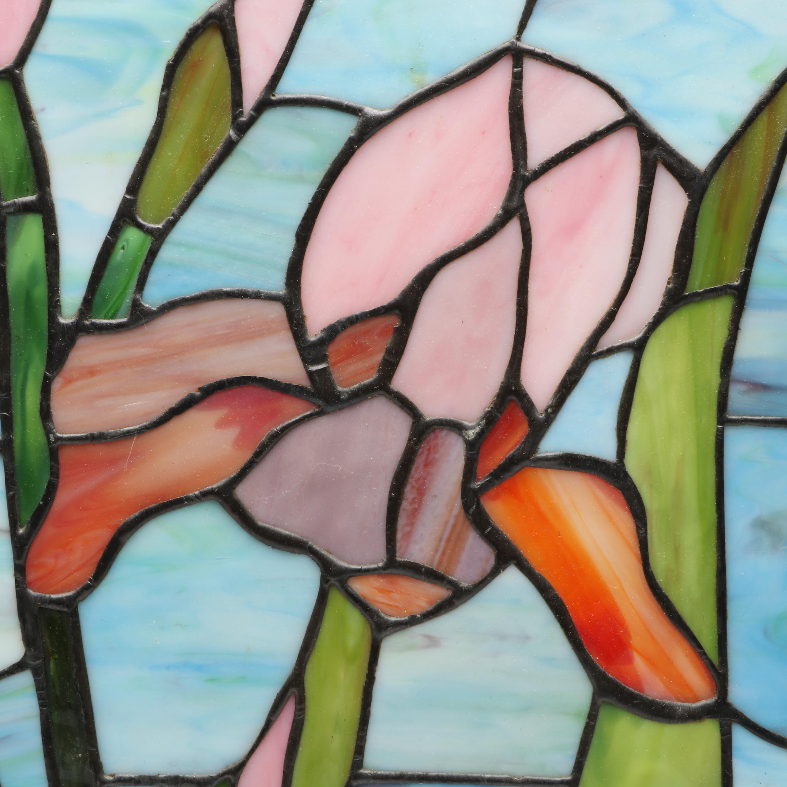 Handcrafted Iris Leaded Slag Glass Hanging Panel with Iridescent Dragonfly Box