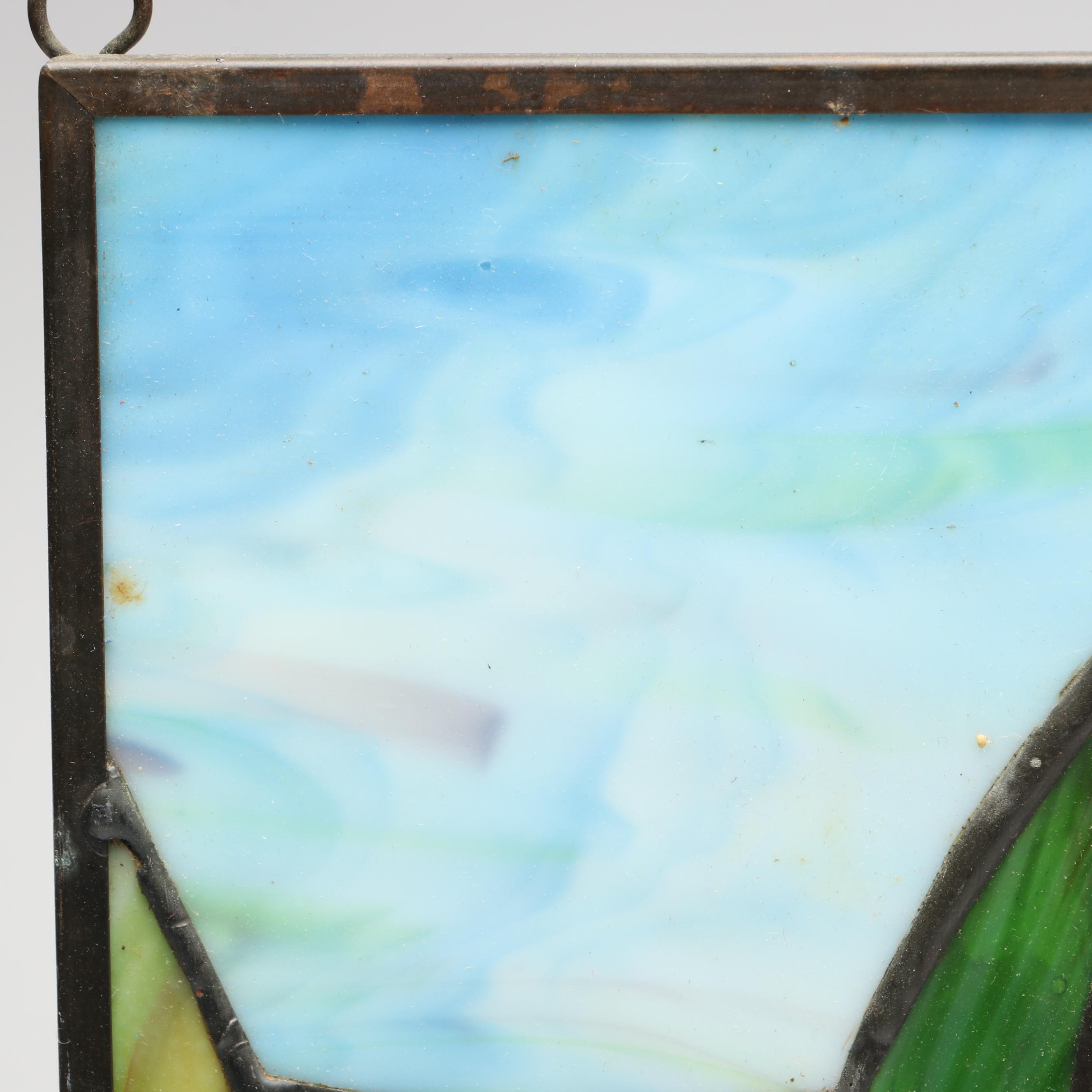 Handcrafted Iris Leaded Slag Glass Hanging Panel with Iridescent Dragonfly Box