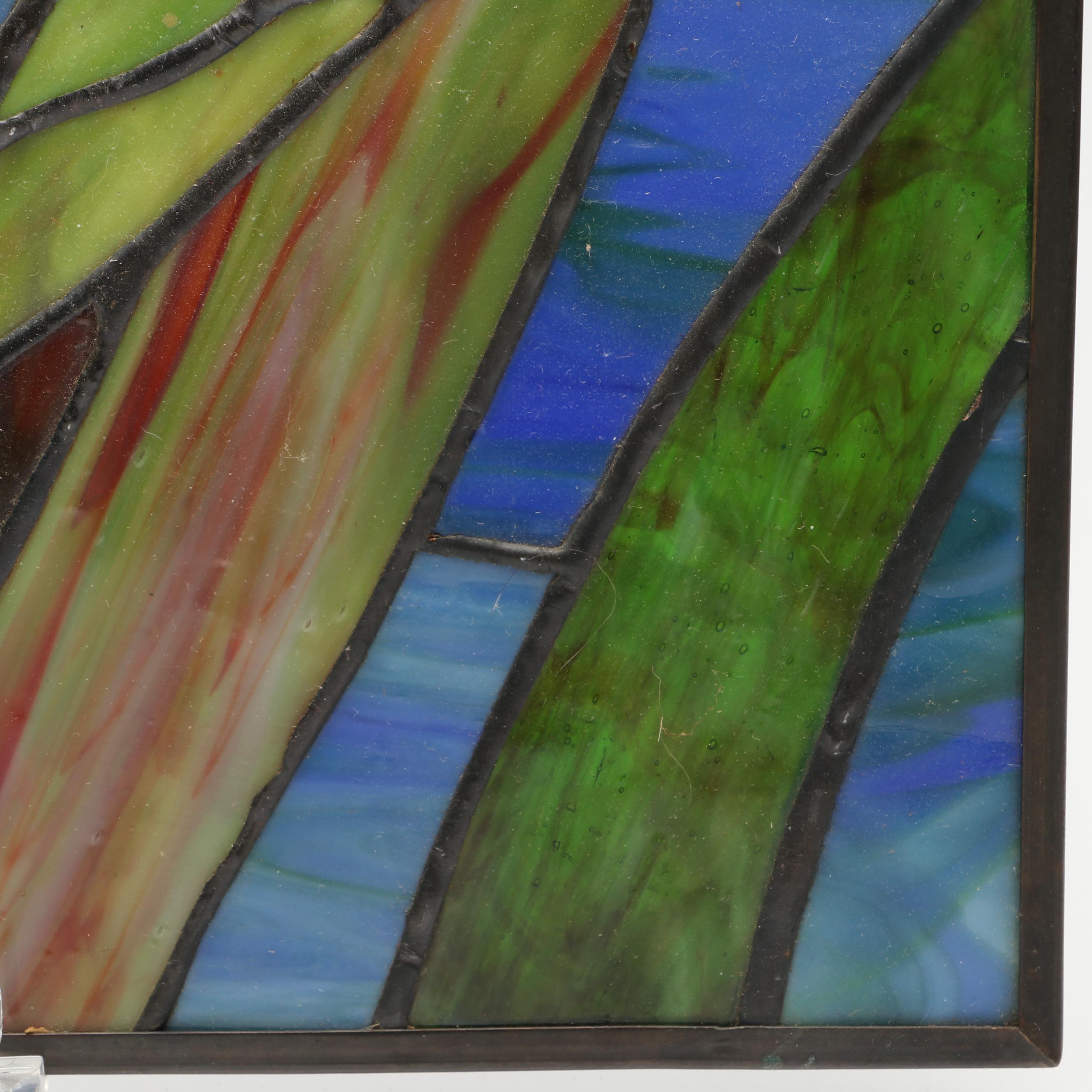 Handcrafted Iris Leaded Slag Glass Hanging Panel with Iridescent Dragonfly Box