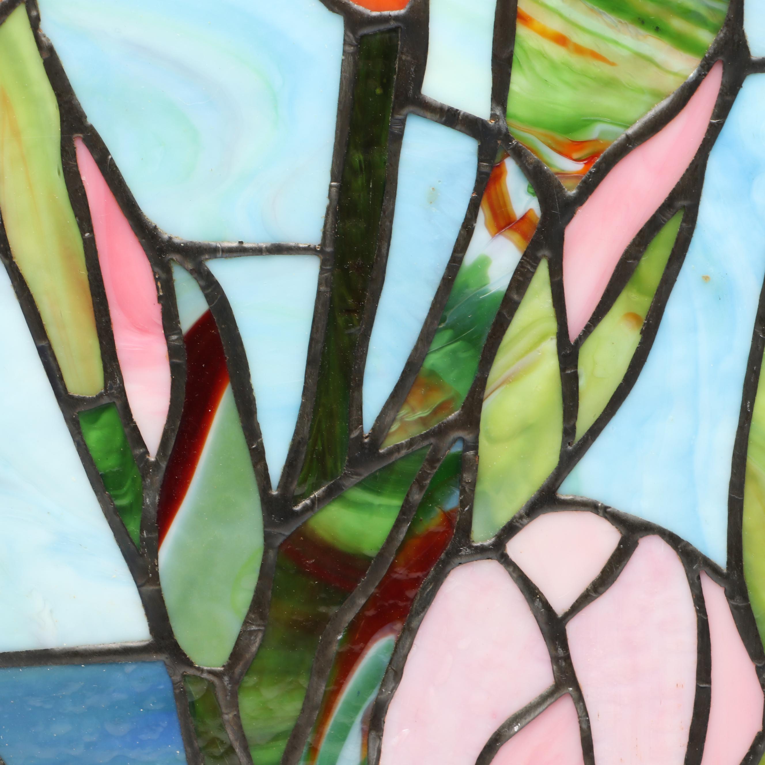 Handcrafted Iris Leaded Slag Glass Hanging Panel with Iridescent Dragonfly Box