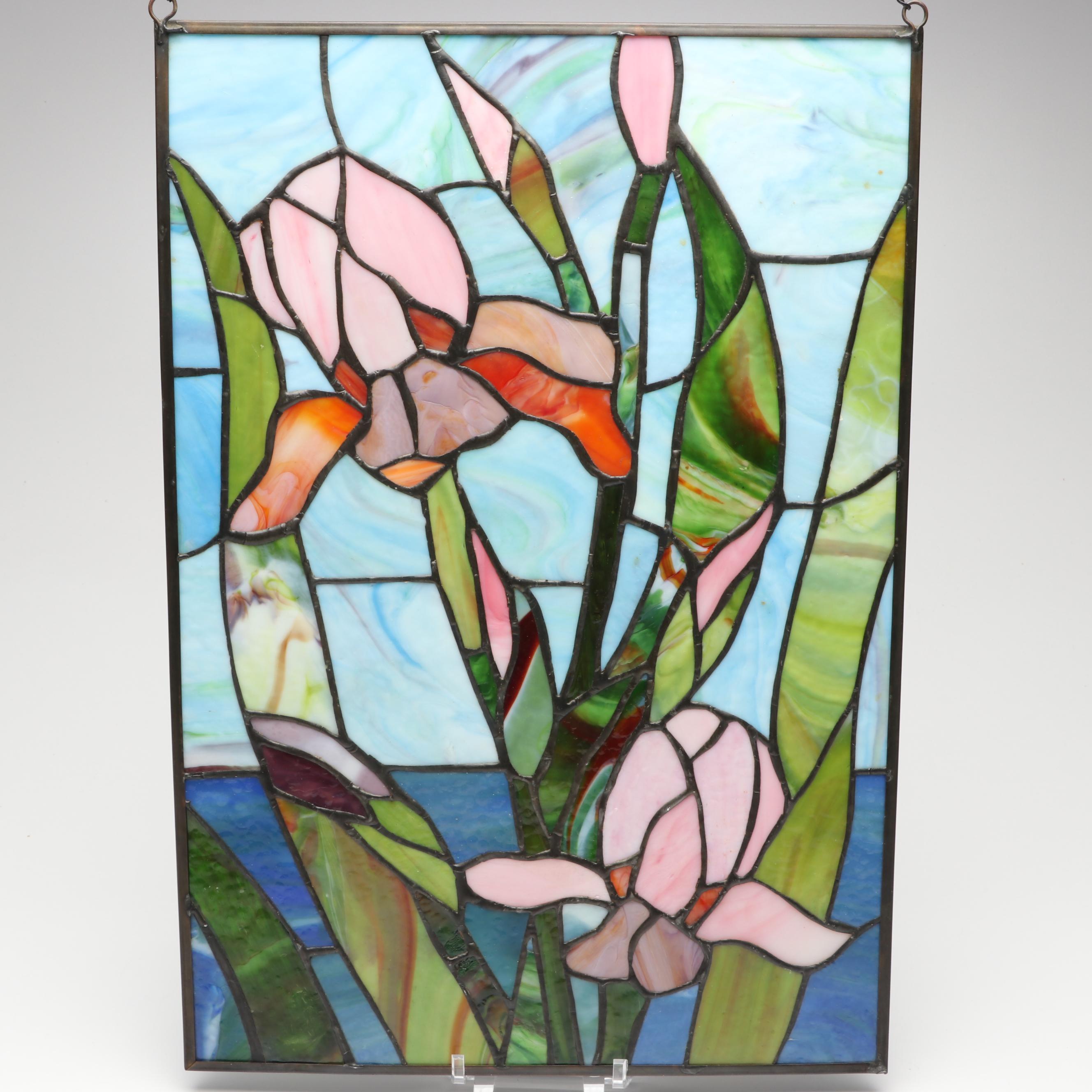 Handcrafted Iris Leaded Slag Glass Hanging Panel with Iridescent Dragonfly Box