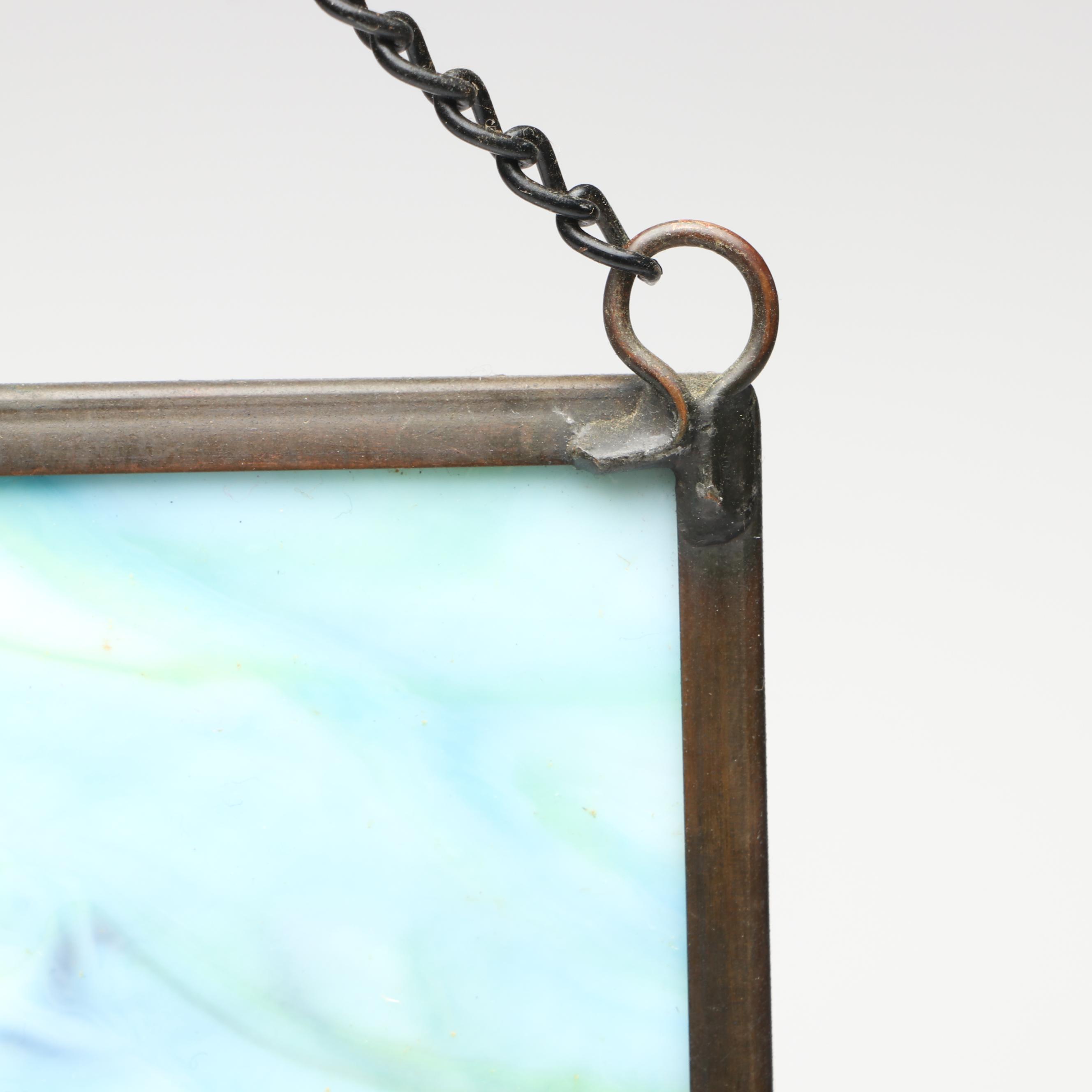 Handcrafted Iris Leaded Slag Glass Hanging Panel with Iridescent Dragonfly Box