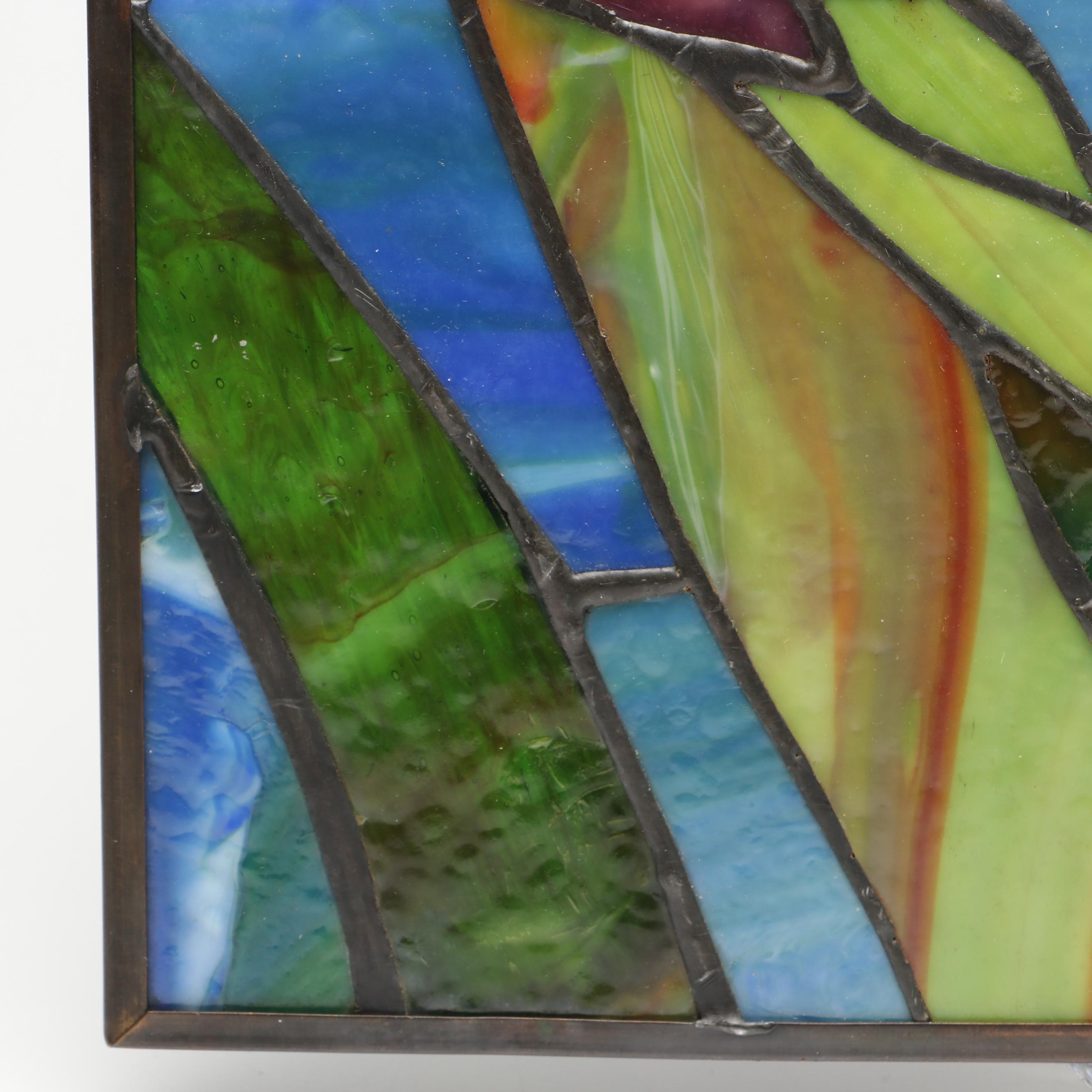Handcrafted Iris Leaded Slag Glass Hanging Panel with Iridescent Dragonfly Box