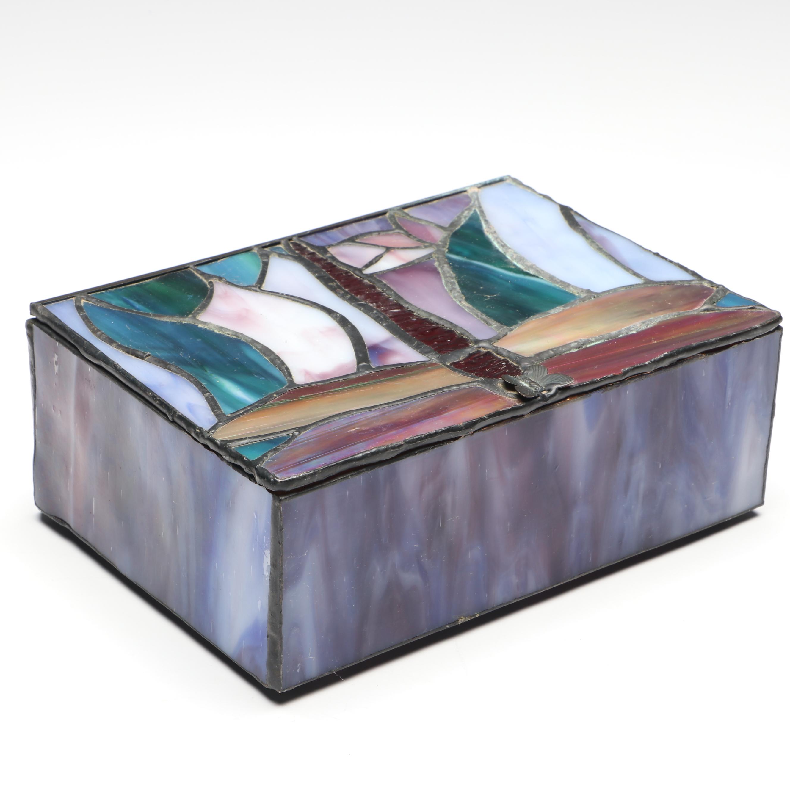 Handcrafted Iris Leaded Slag Glass Hanging Panel with Iridescent Dragonfly Box