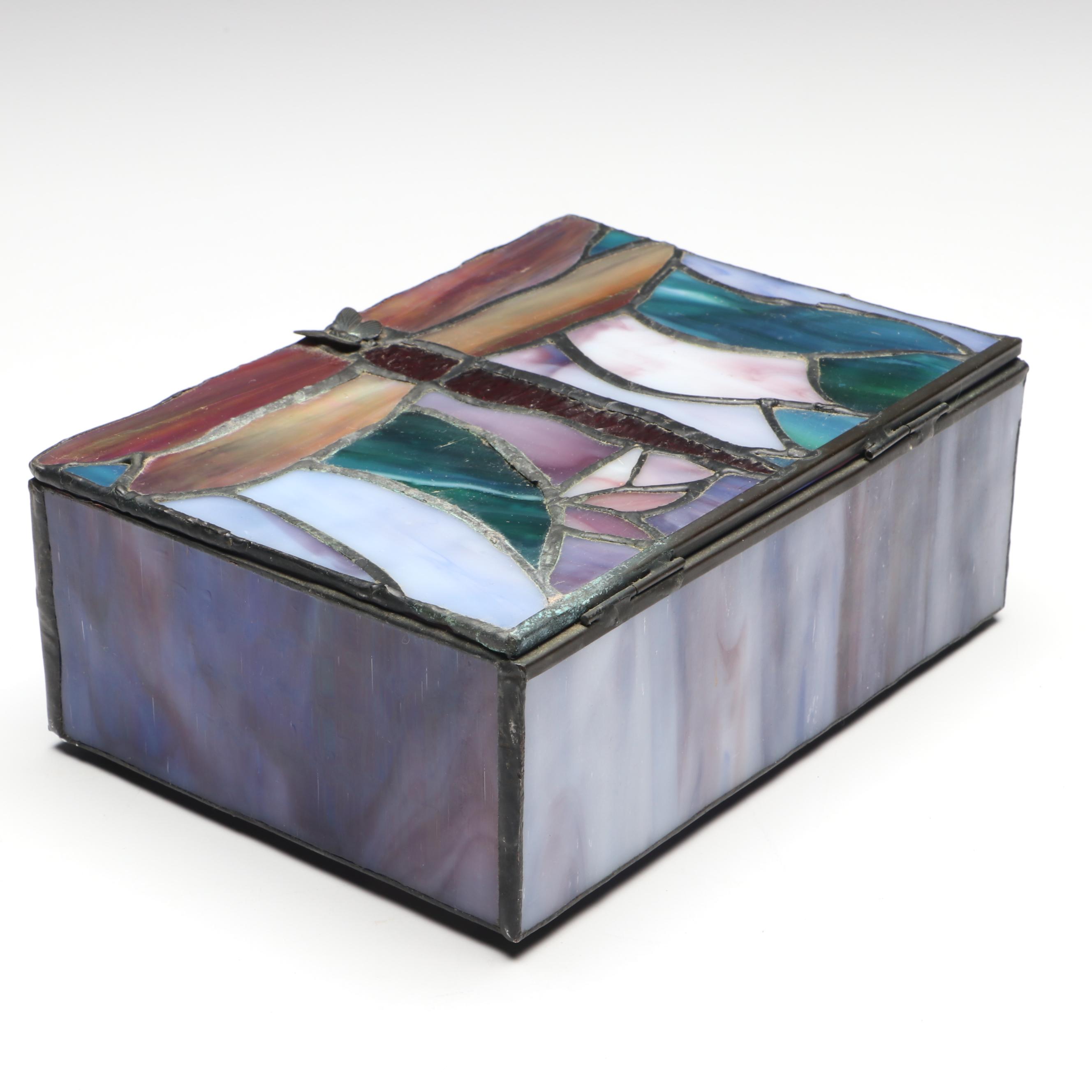 Handcrafted Iris Leaded Slag Glass Hanging Panel with Iridescent Dragonfly Box