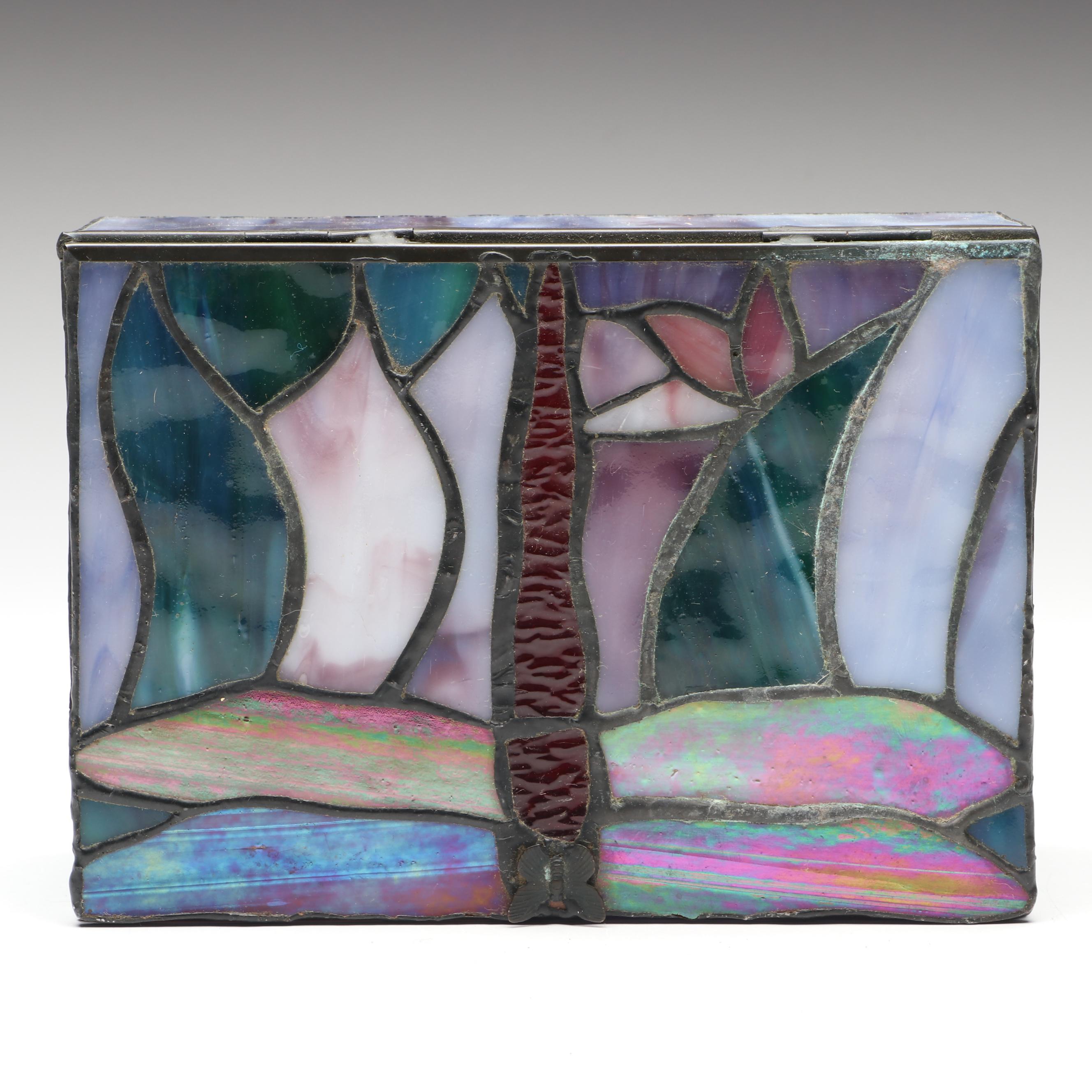 Handcrafted Iris Leaded Slag Glass Hanging Panel with Iridescent Dragonfly Box