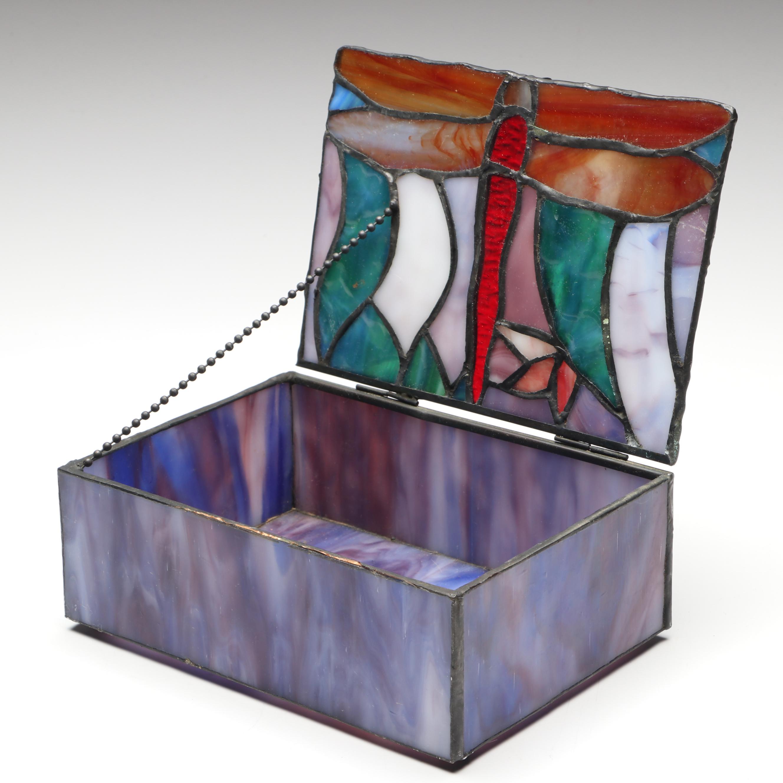 Handcrafted Iris Leaded Slag Glass Hanging Panel with Iridescent Dragonfly Box