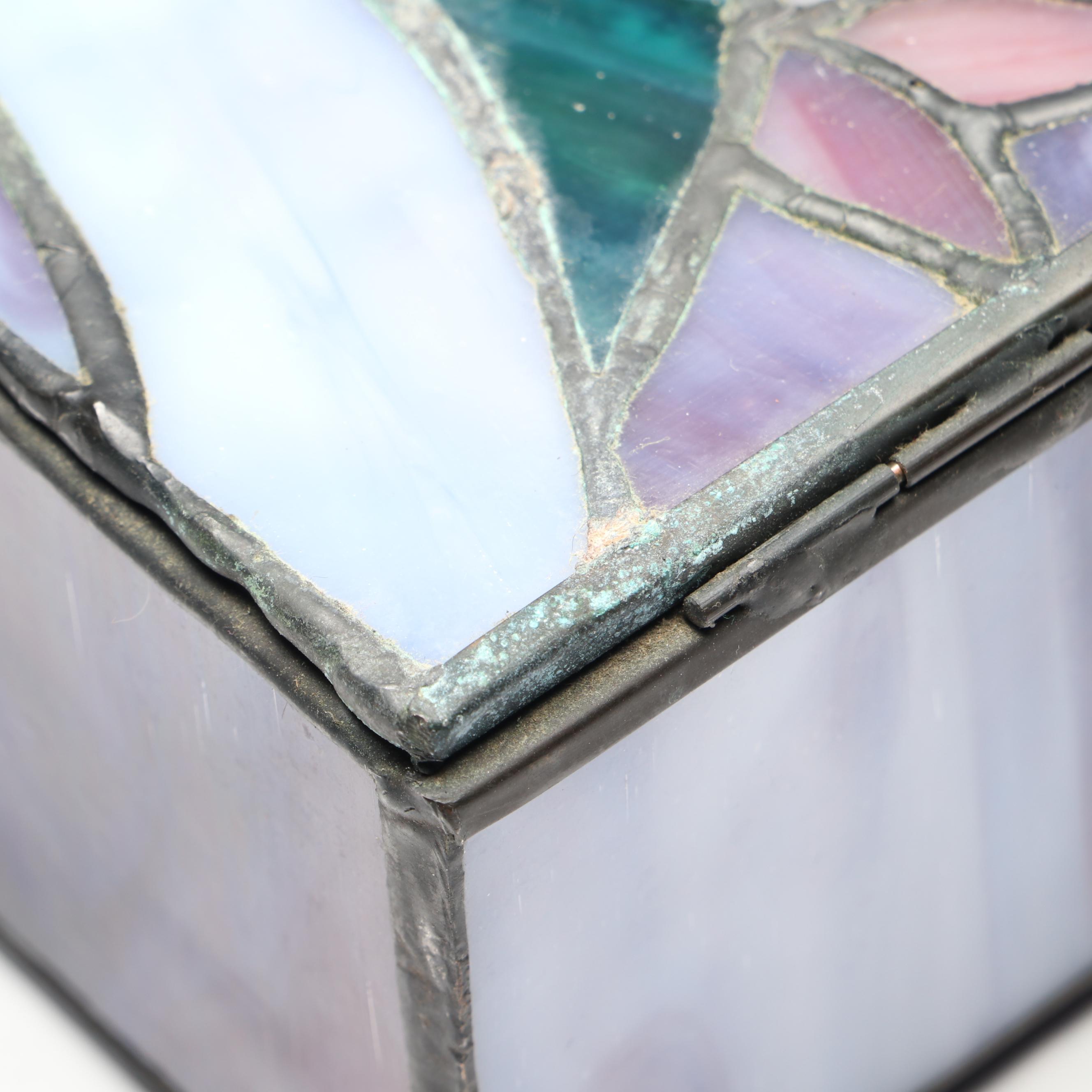 Handcrafted Iris Leaded Slag Glass Hanging Panel with Iridescent Dragonfly Box