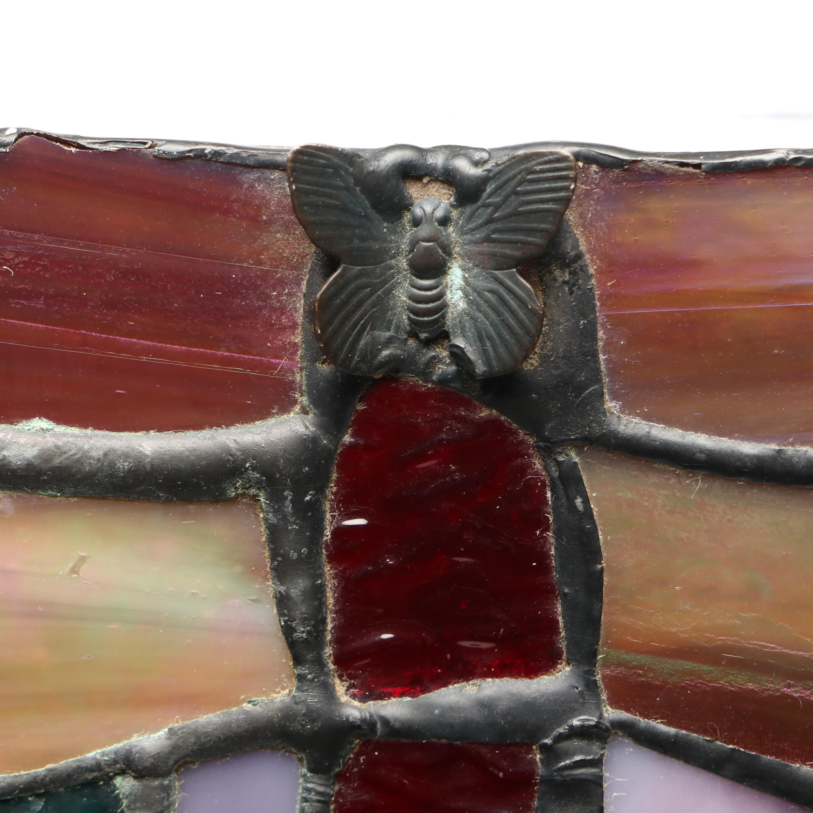 Handcrafted Iris Leaded Slag Glass Hanging Panel with Iridescent Dragonfly Box