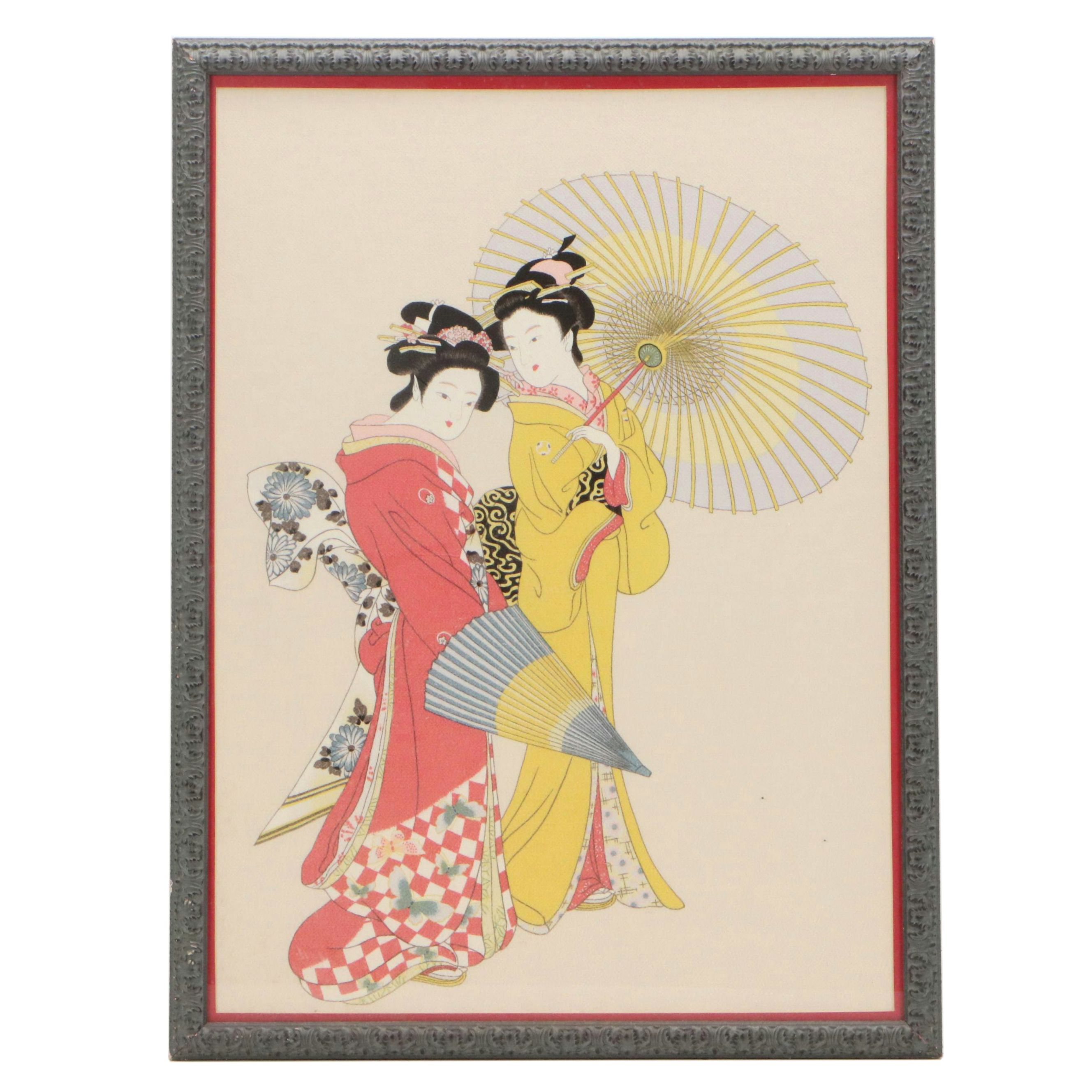 Japanese School Photomechanical Print on Silk of Two Women with Umbrellas