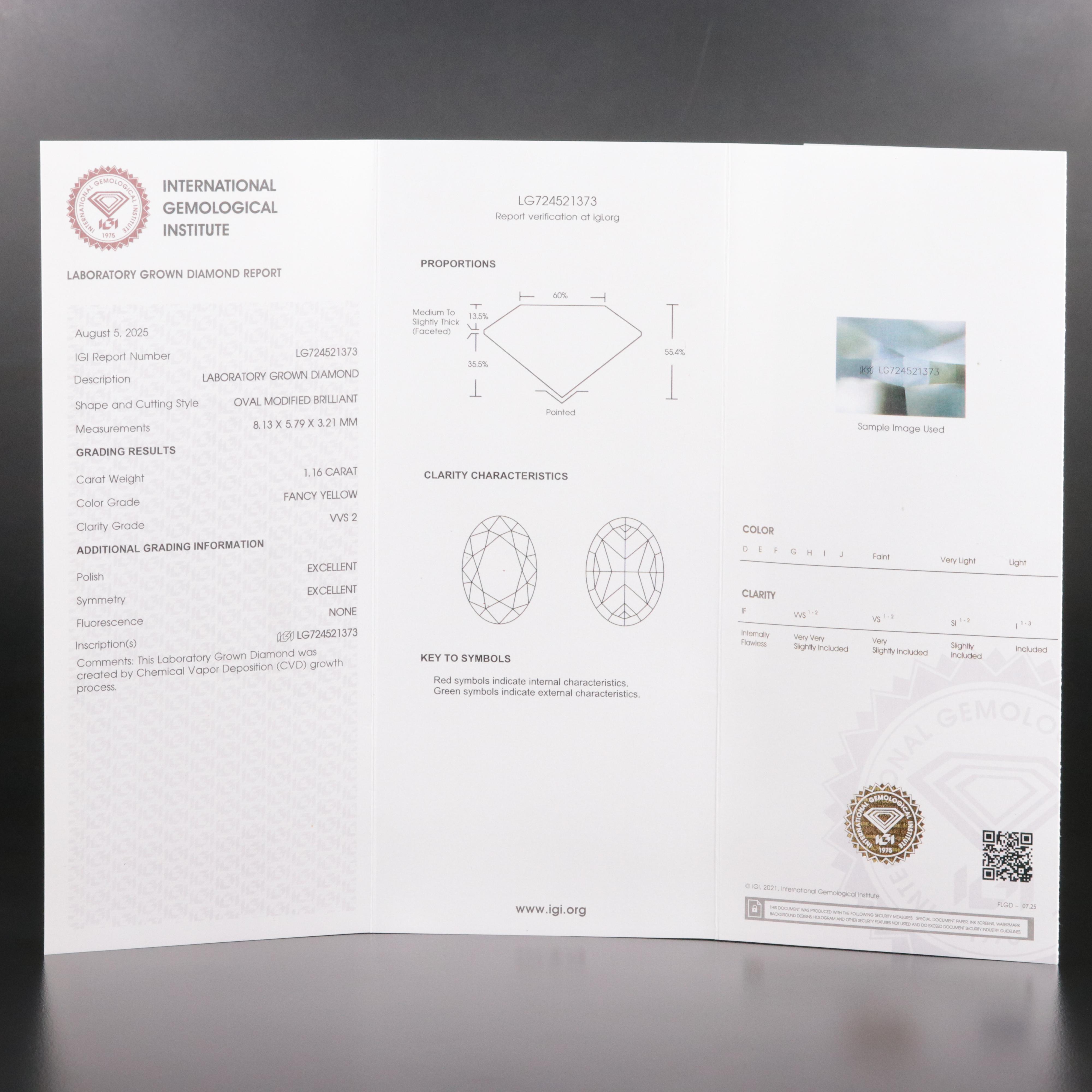 Loose 1.16 CT Lab Grown Fancy Yellow Diamond with IGI Report