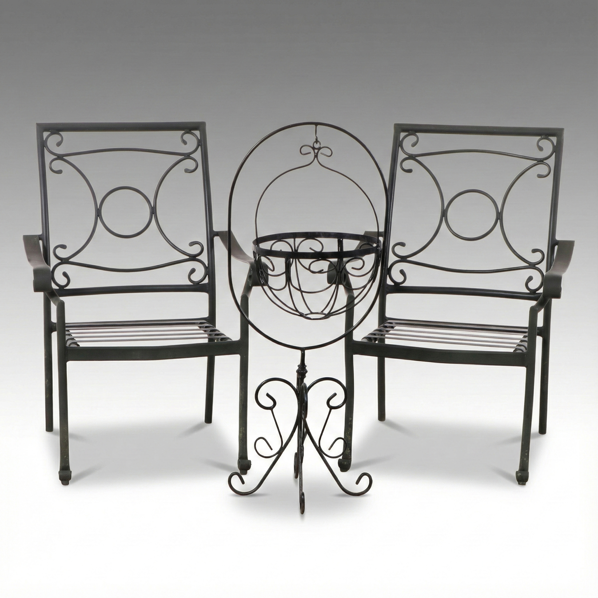 Pair of Wrought Metal Patio Armchairs with Plant Stand