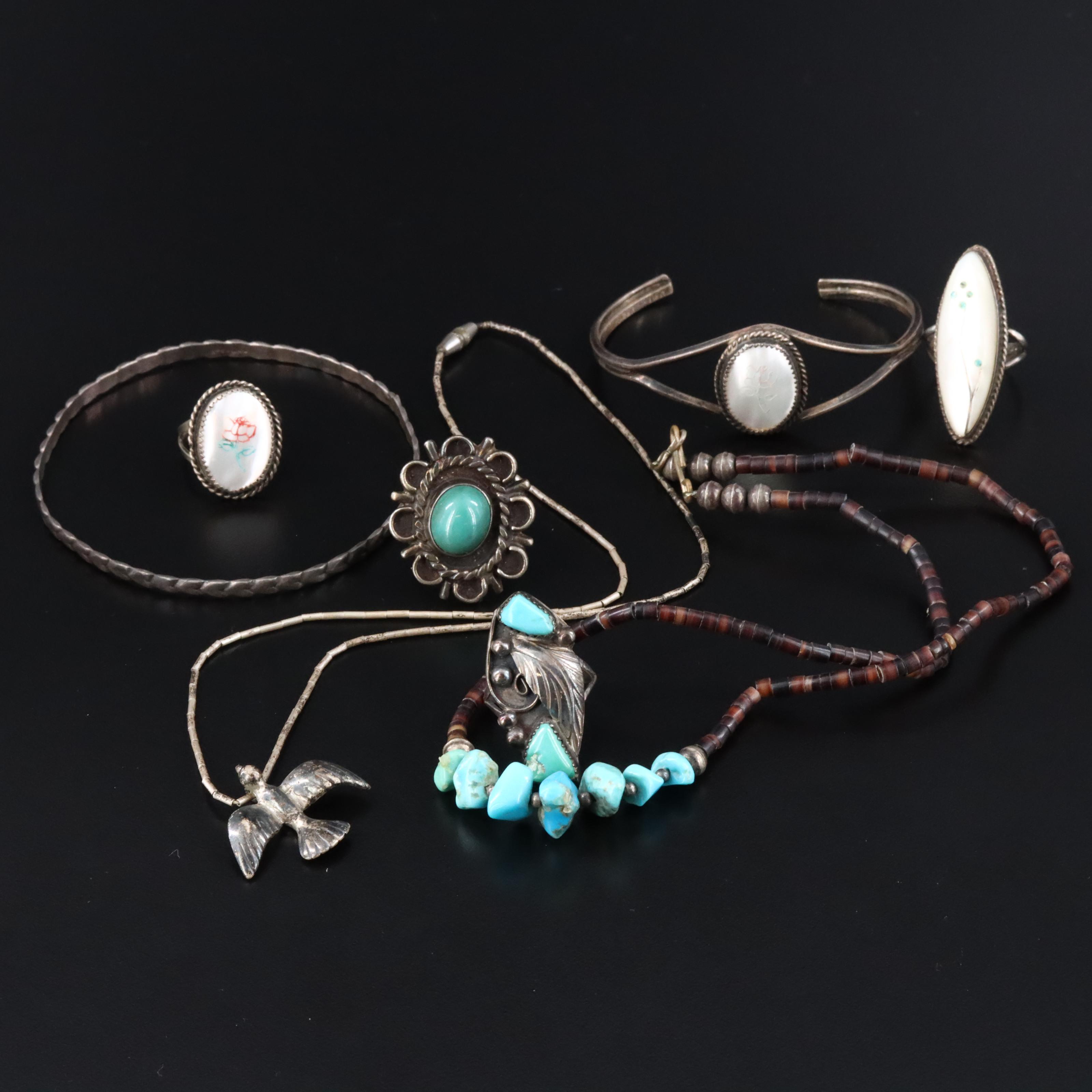 Sterling Jewelry Collection Including Turquoise, Mother-of-Pearl and Shell