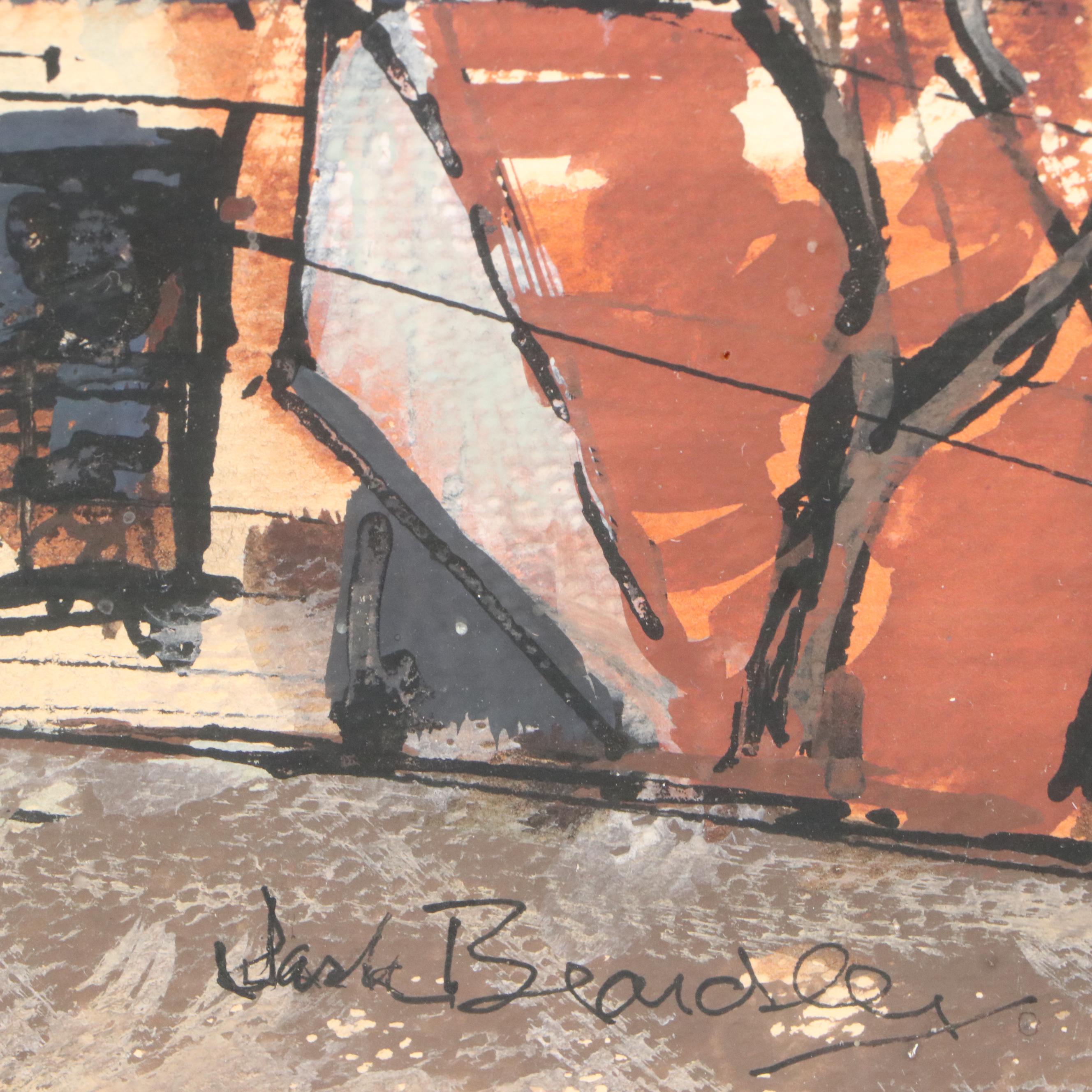 Leisure Scene Chalk Pastel Drawing with Gazebo, Late 20th Century