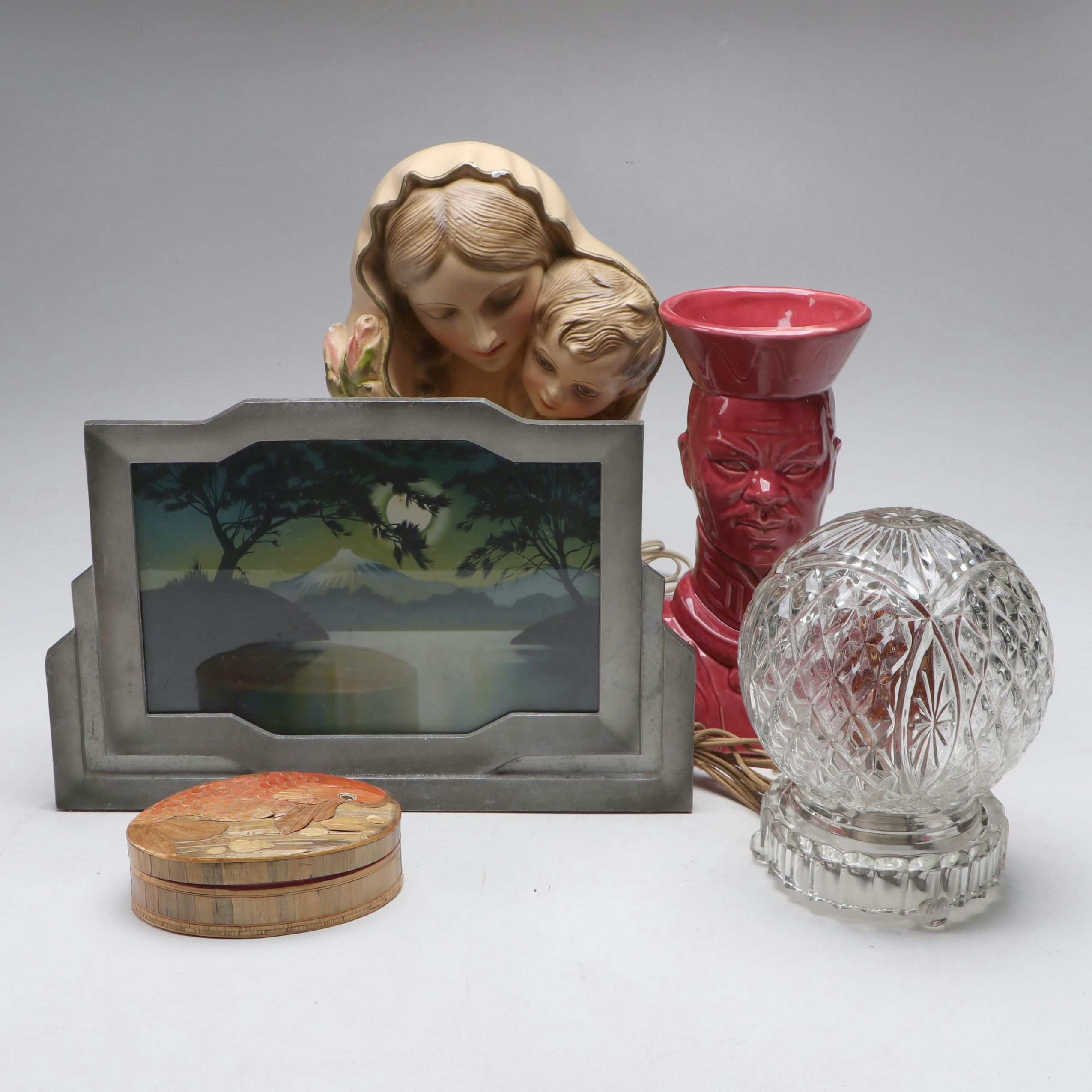 MCM Chinese Emperor, Art Deco Scene Accent Lamps with Bamboo Box, More