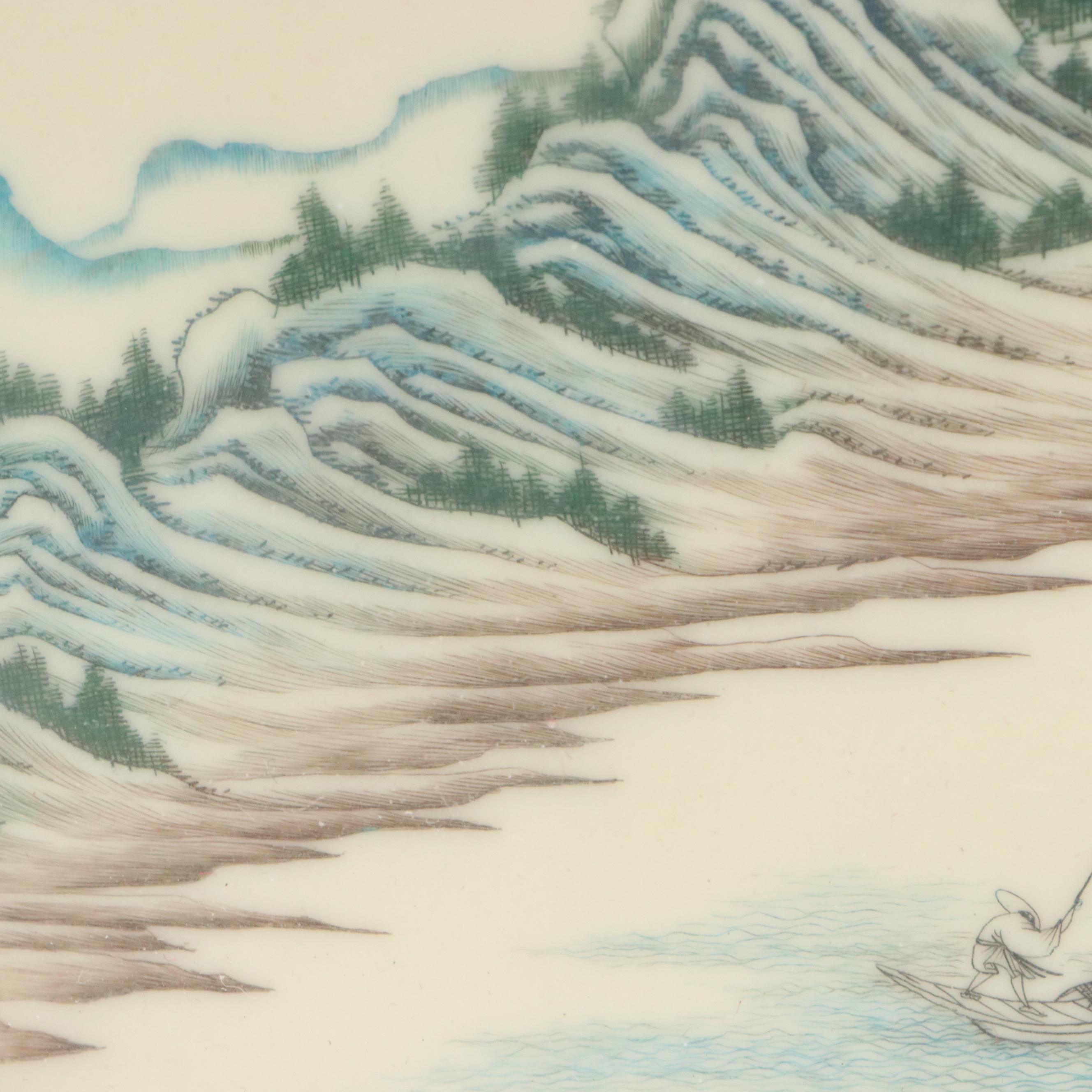 Chinese Kangxi Famille Verte Style Porcelain Landscape Fan Painting