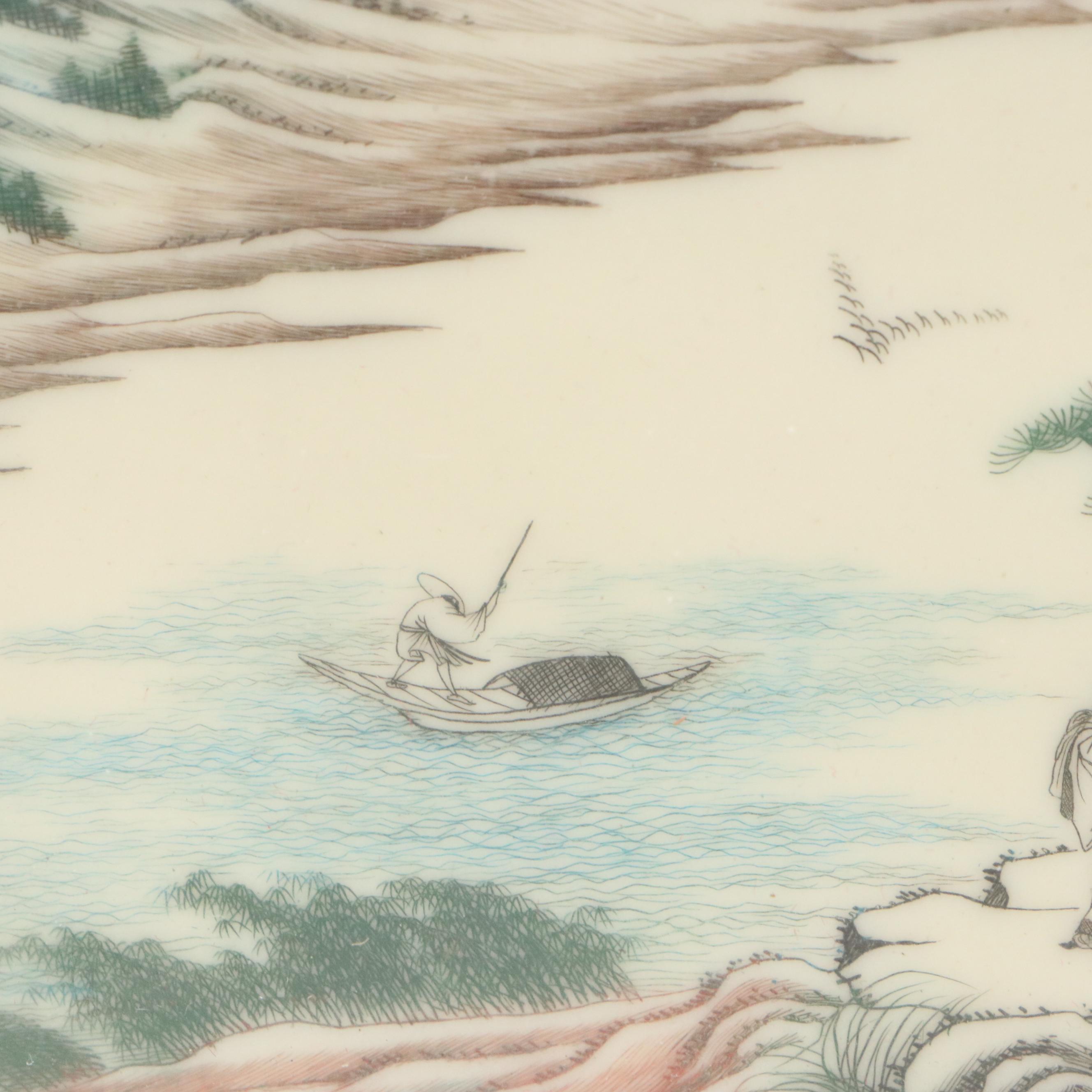 Chinese Kangxi Famille Verte Style Porcelain Landscape Fan Painting