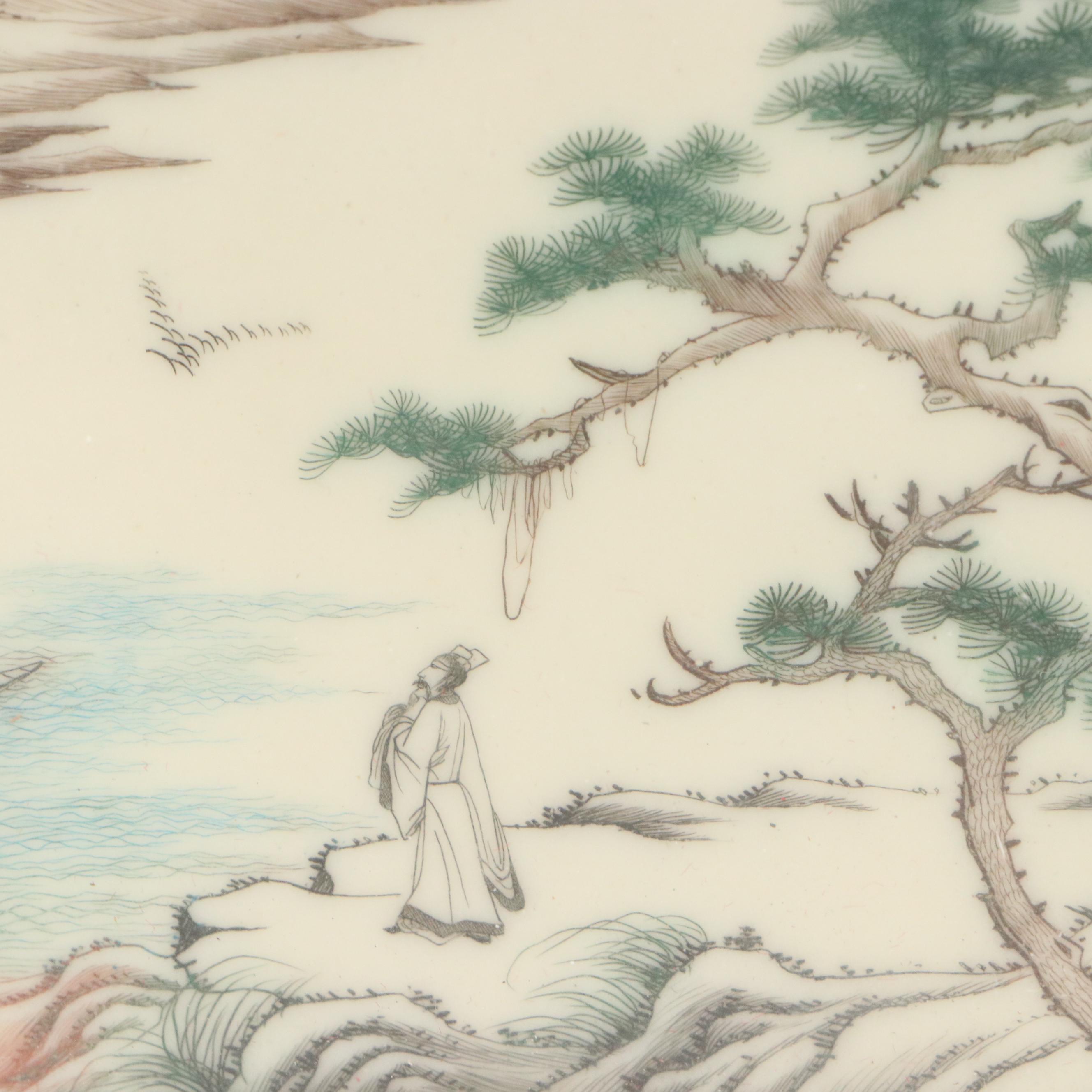 Chinese Kangxi Famille Verte Style Porcelain Landscape Fan Painting