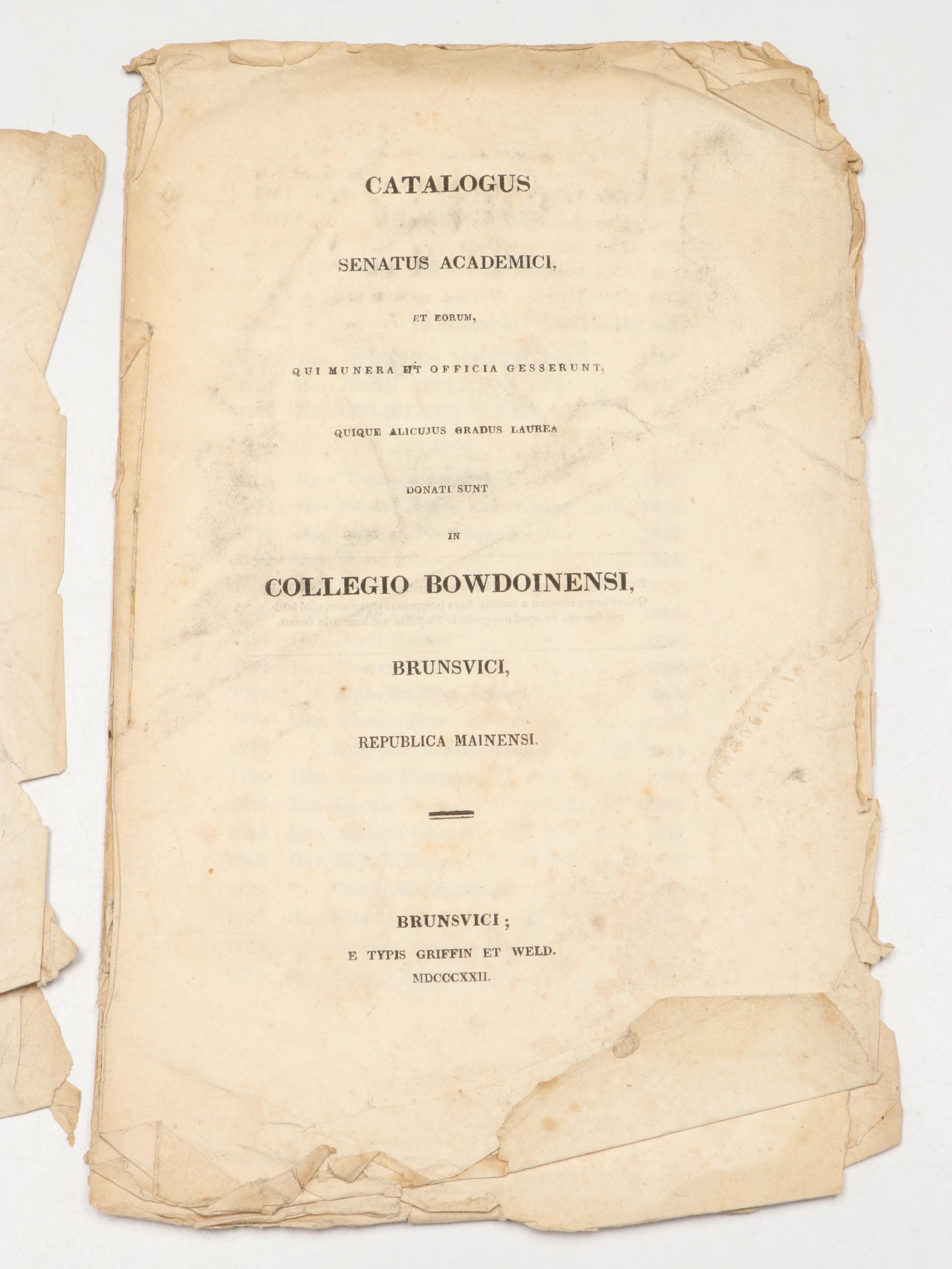 Bowdoin College "Catalogus Senatus Academici" Catalog, 1822